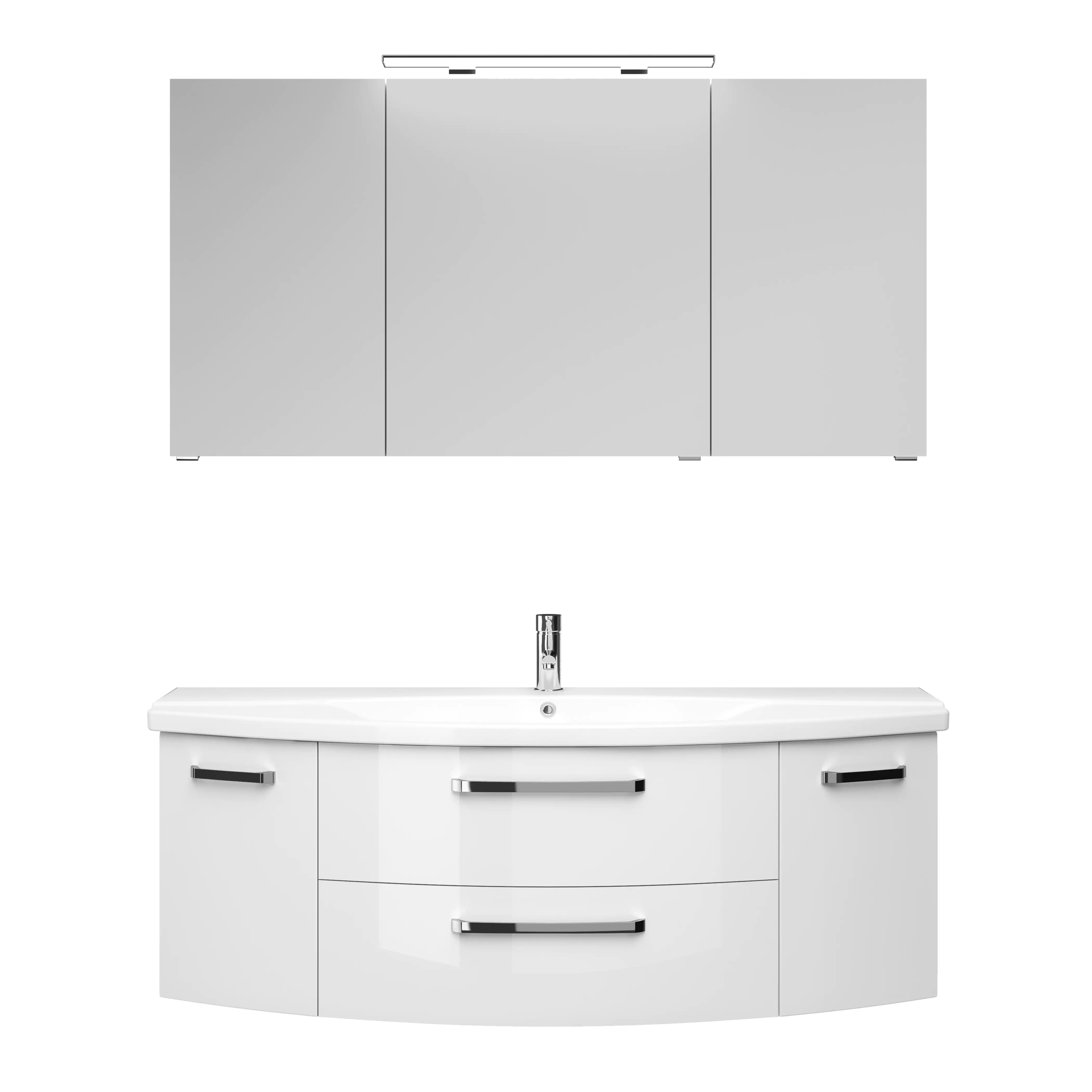 Pelipal Badmöbel-Set 4010 Weiß Hgl/Weiß Glanz mit Keramik-Waschtisch + LED-Leuchte 144 cm