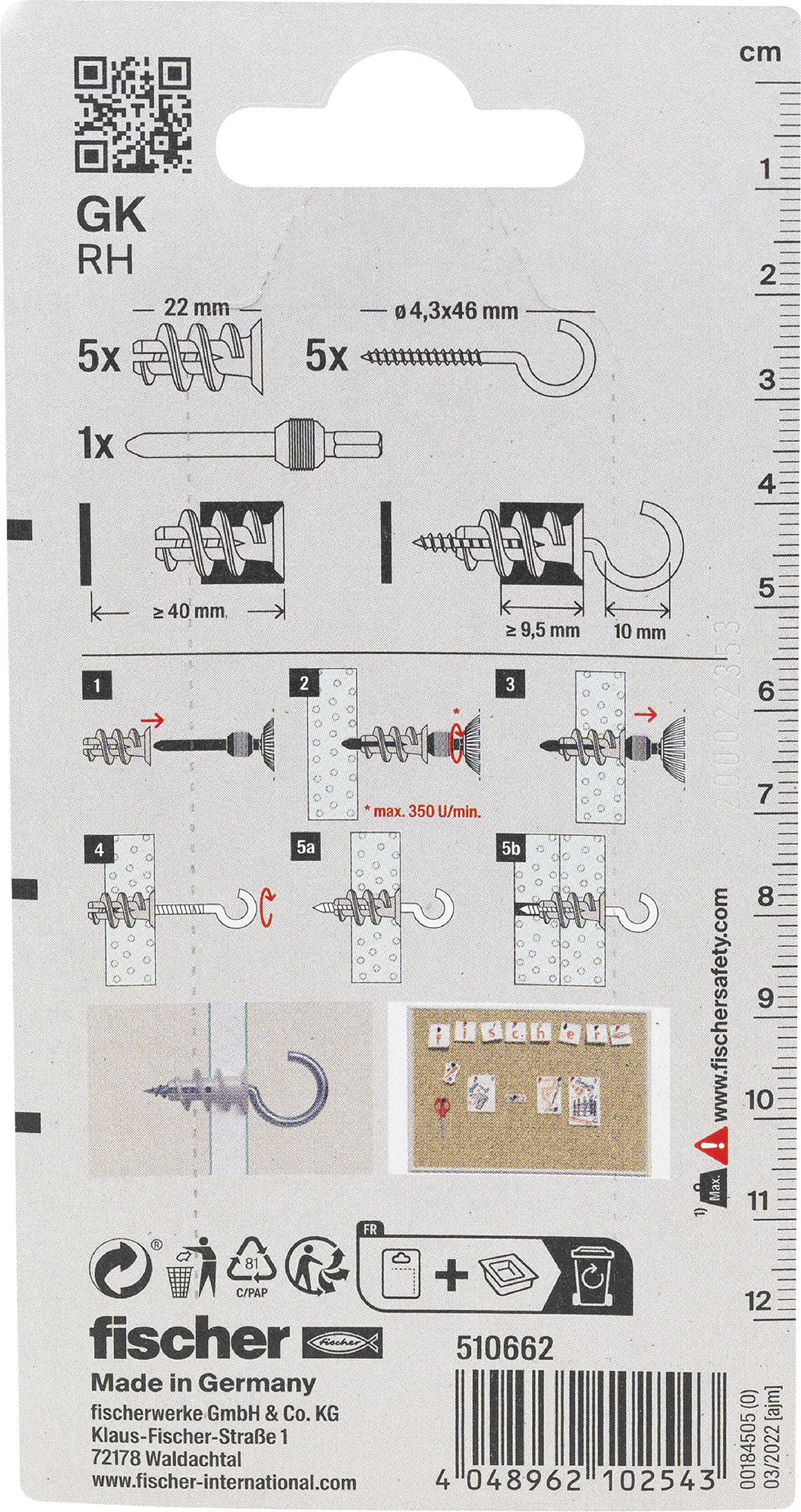 Fischer Gipskartondübel GK RH 22 mm mit Rundhaken - 5 Stück