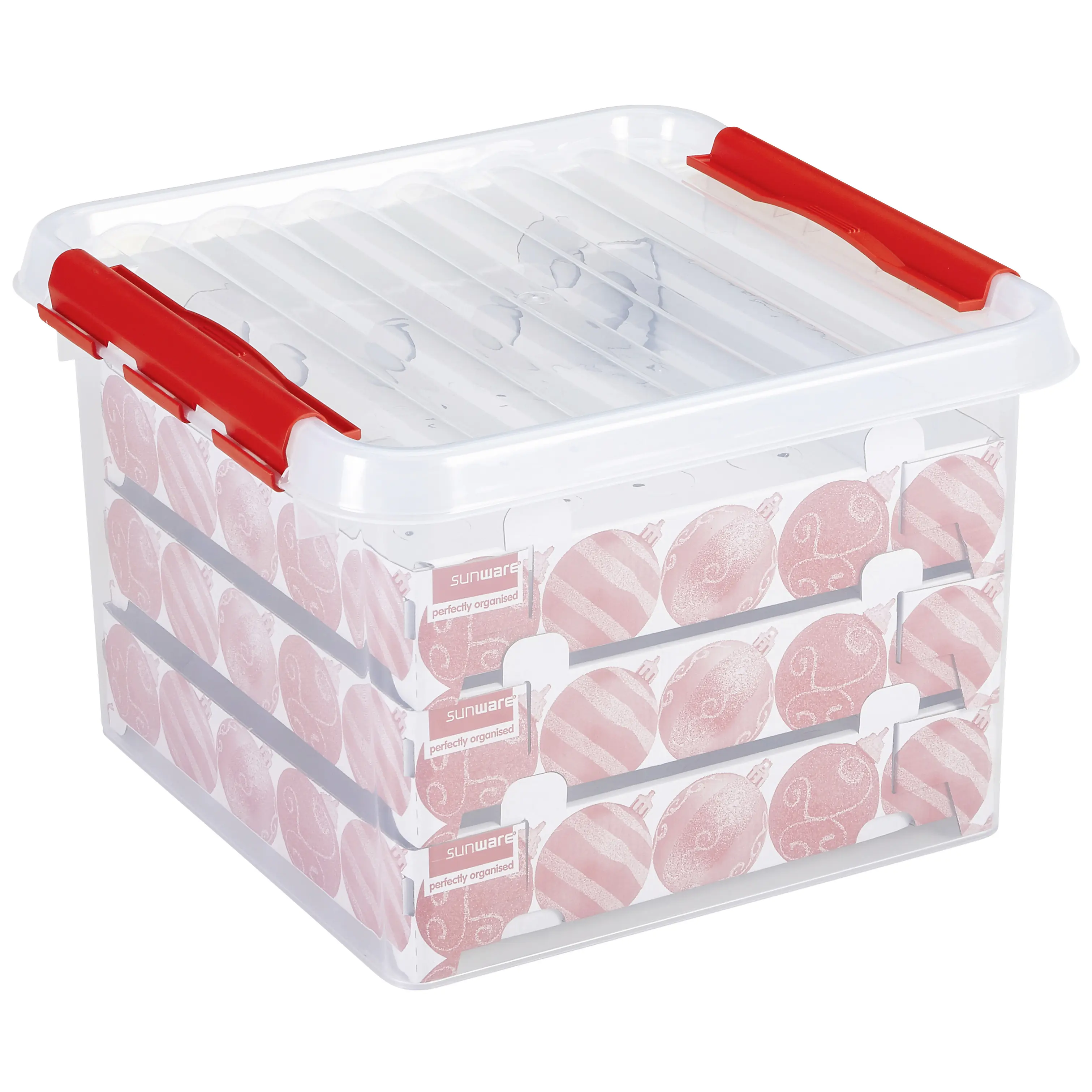 Sunware Weihnachtsbox Q-line 26L mit Einsatz für 75 Kugeln transparent rot