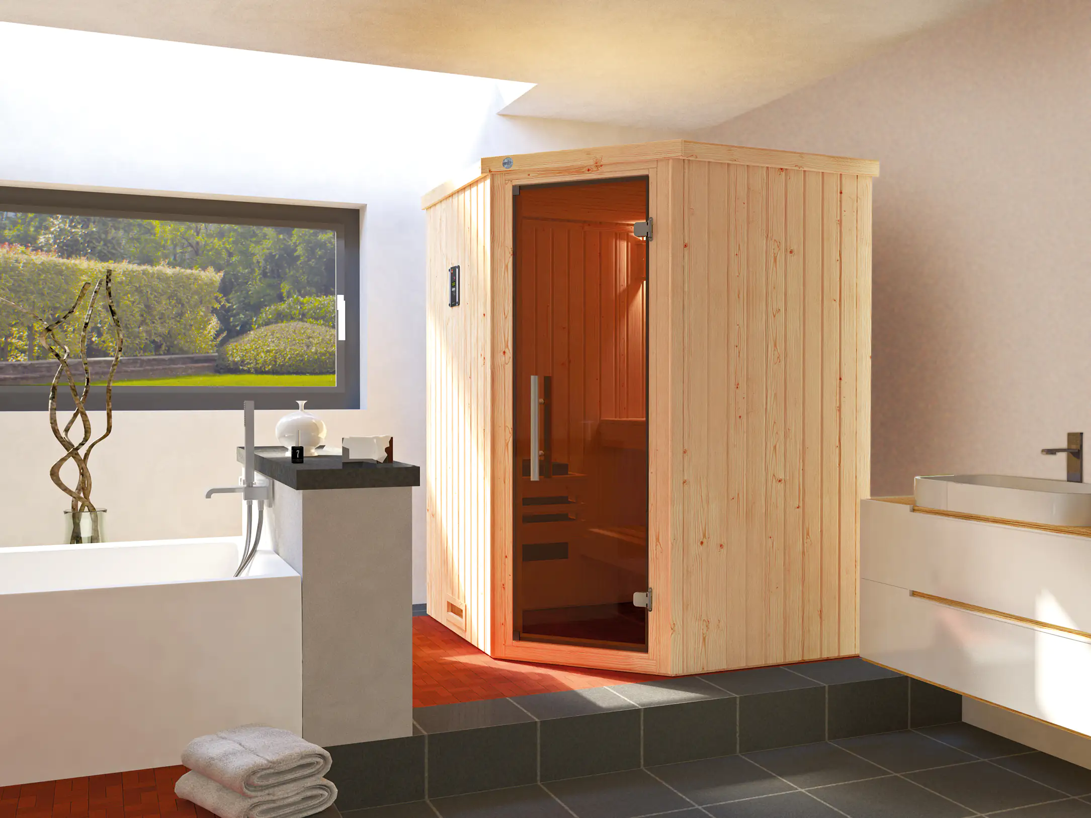 Weka Element-Ecksauna Kiruna 1 mit Glastür und Kompakt-Saunaofen