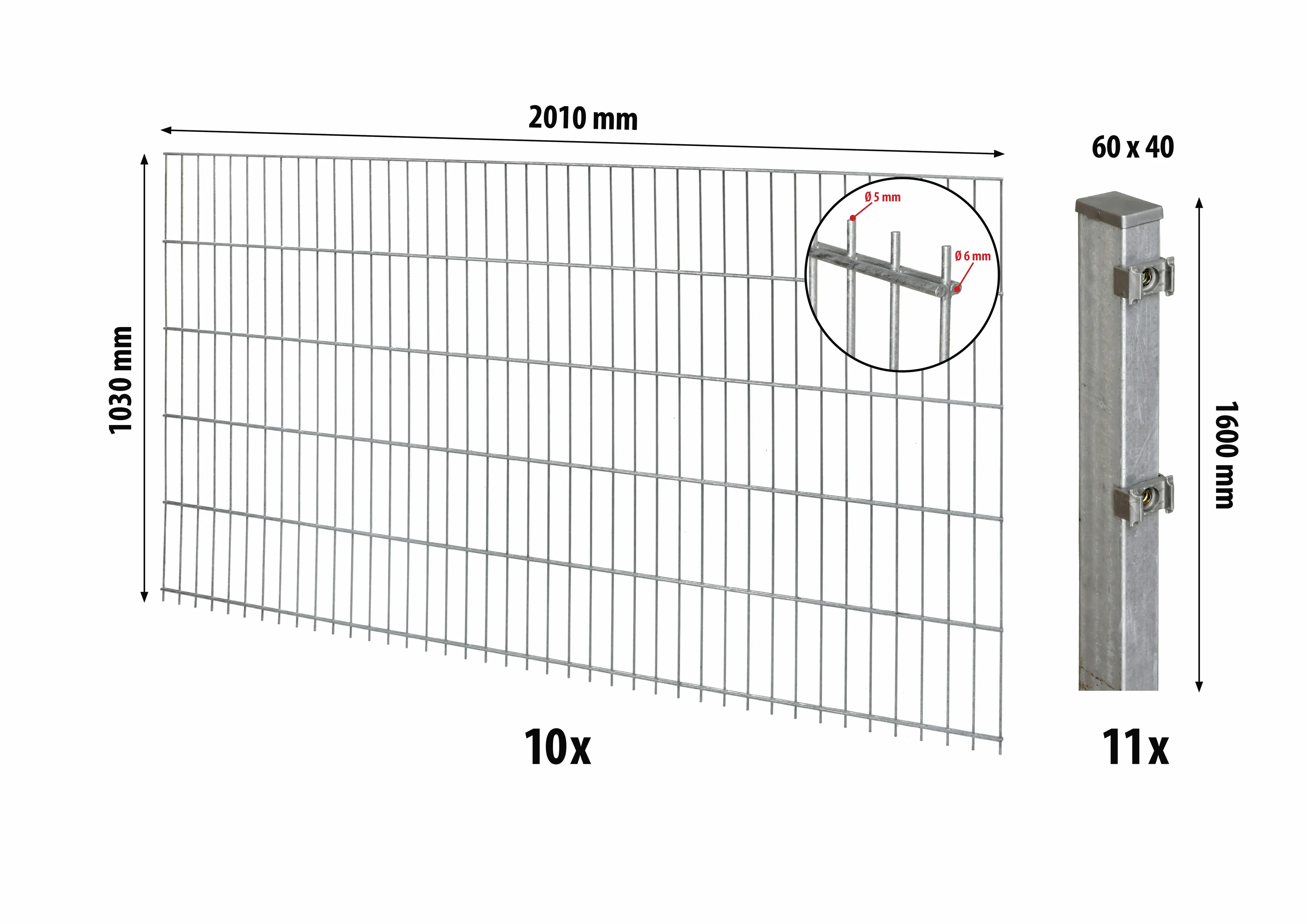Floraworld Doppelstabmatten-Zaun Set Comfort 20 m 201 x 103 cm inkl. 11 Pfosten 160 cm feuerverzinkt
