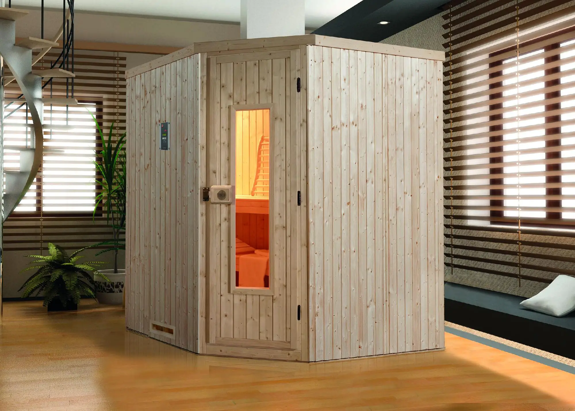 Weka Element-Ecksauna Varberg 2 mit Holztür