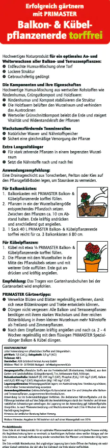 Primaster Balkon- & Kübelpflanzerde torffrei 40 L