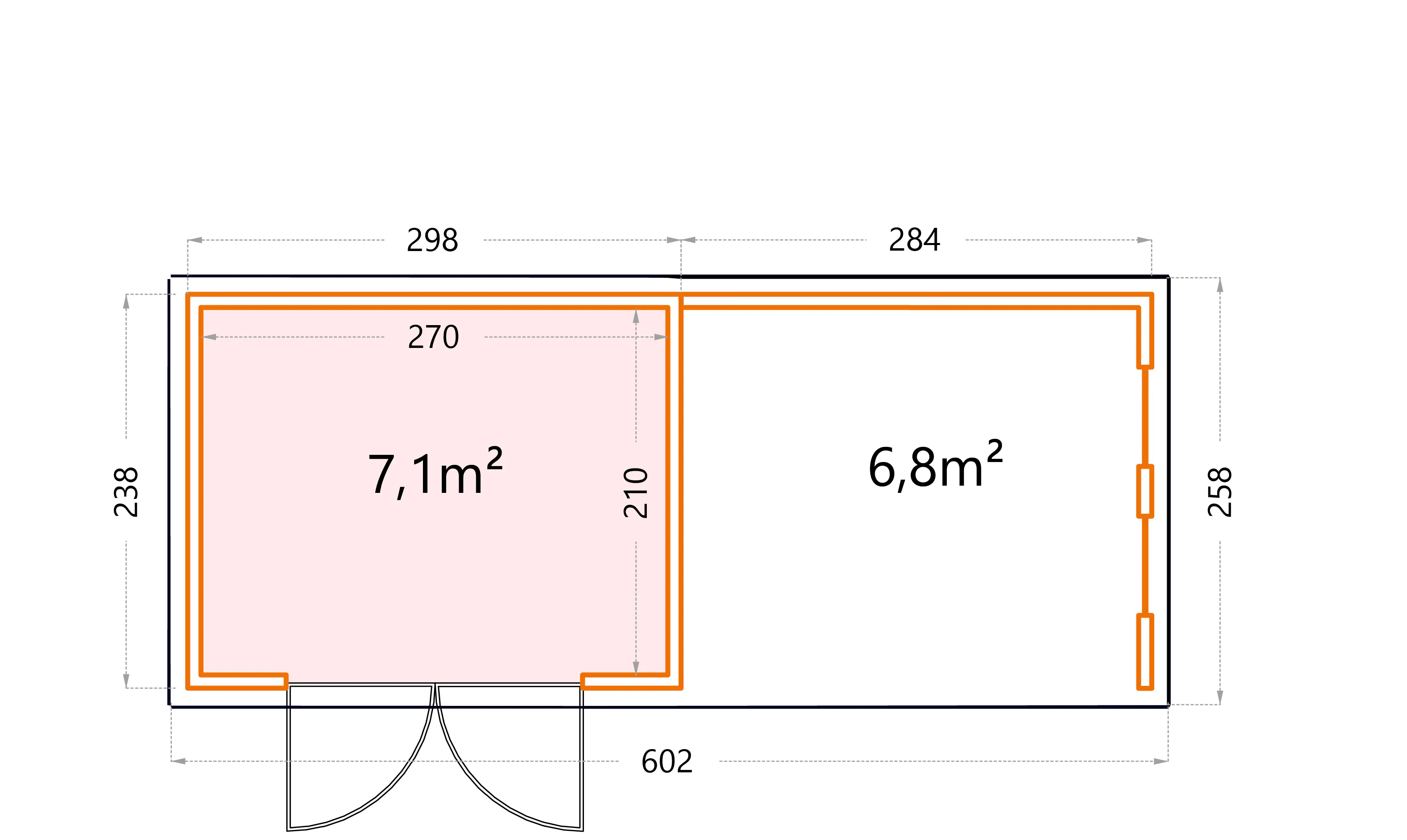 Telluria Gerätehaus Classico Lounge S mit Fenstern 3024 rechts lichtgrau 582 x 238 cm