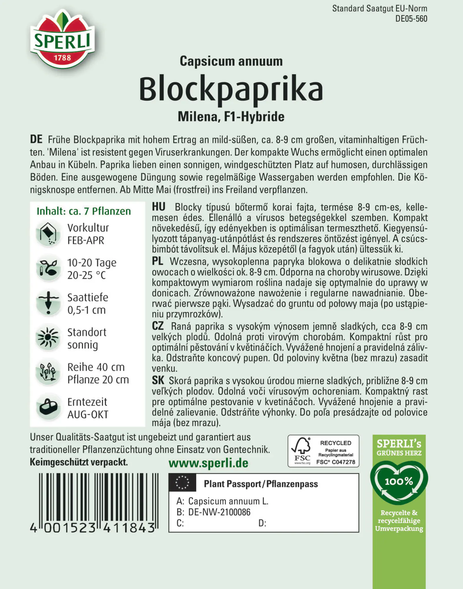 Sperli Blockpaprika Milena F1 für ca. 7 Pflanzen