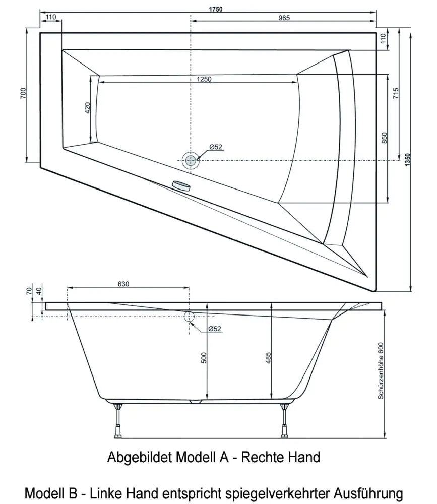 Ottofond Badewanne Galia II 175 x 135 x 70 cm, weiß, Modell A