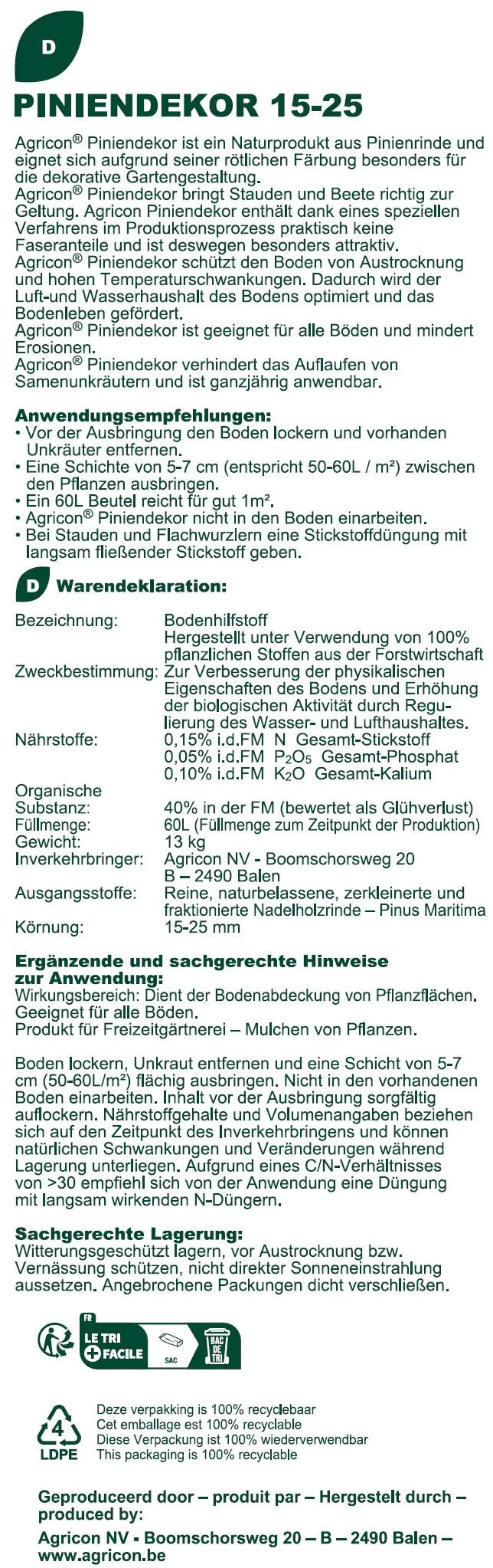 Agricon Pinienrinde Excellent 15 - 25 mm Körnung 60 L