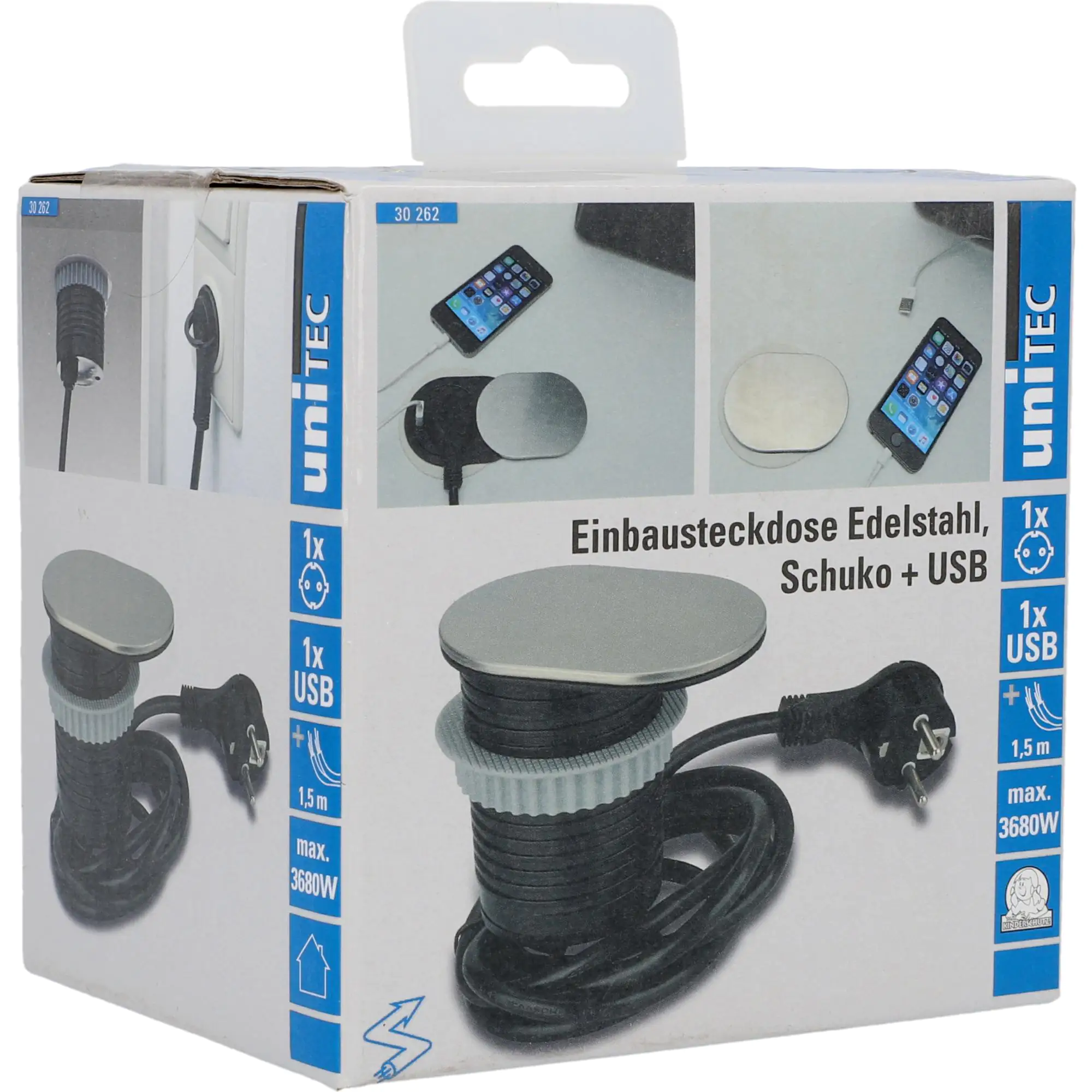 Unitec Einbausteckdosenleiste 1-Fach 1,5m mit USB, H05VV-F3 G1,5 mm, stahl