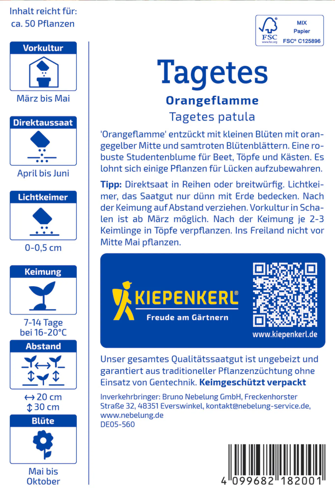 Kiepenkerl Blumensamen Tagetes Orangeflamme für ca. 50 Pflanzen