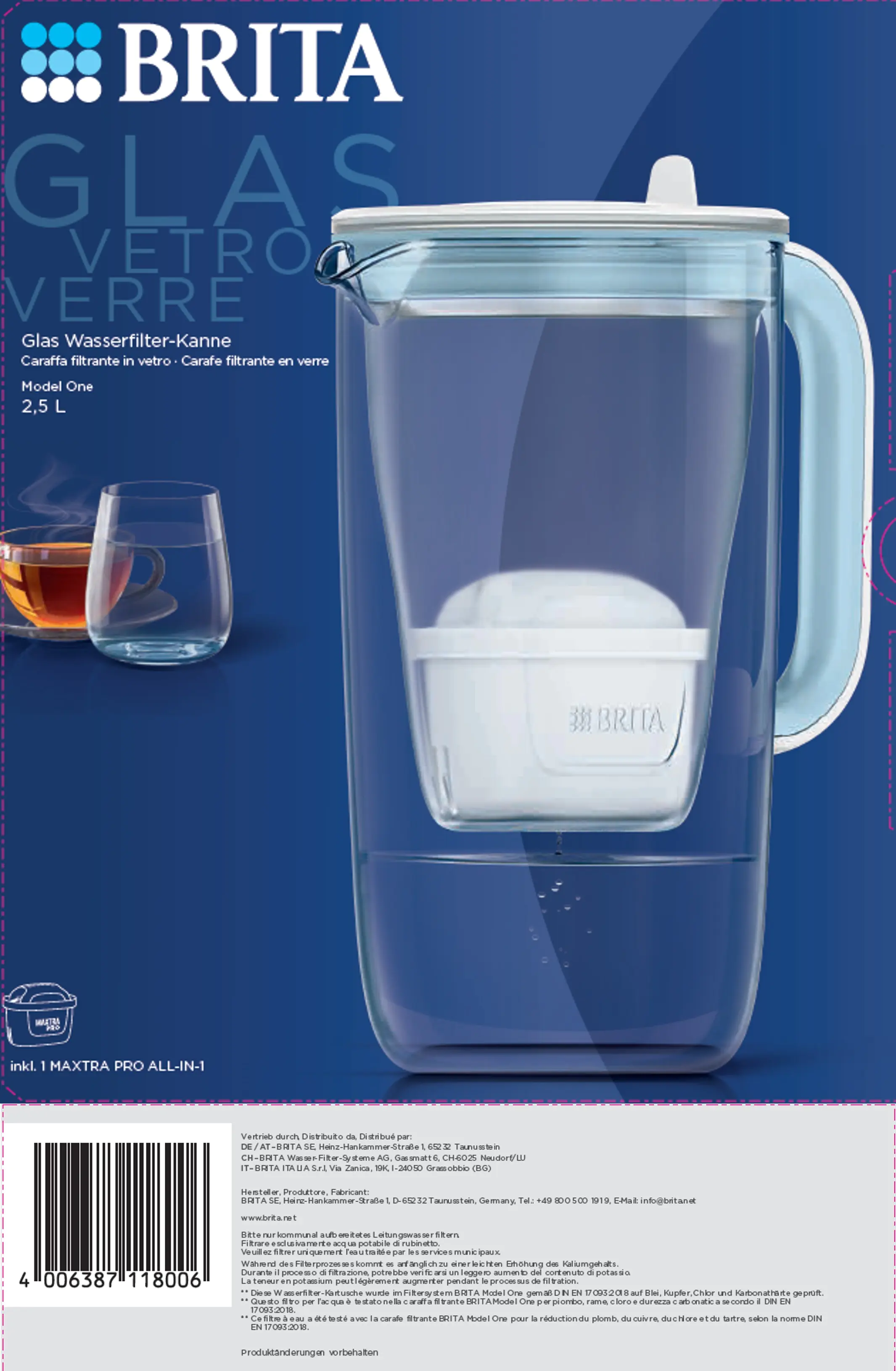 Brita Wasserfilter-Glaskanne ONE 2,5 l Füllmenge