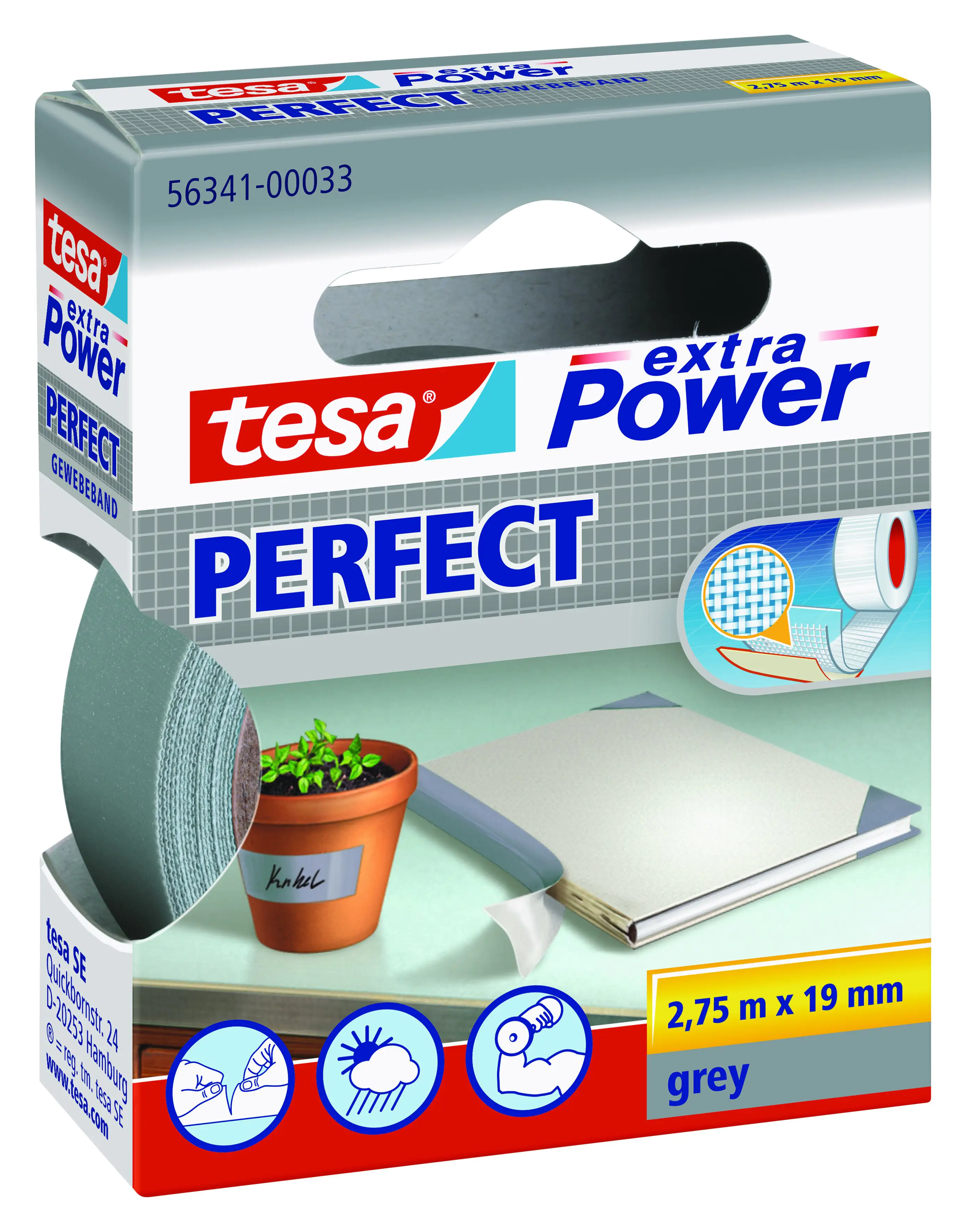 tesa extra Power Gewebeband Perfect 2,75 m x 19 mm, grau