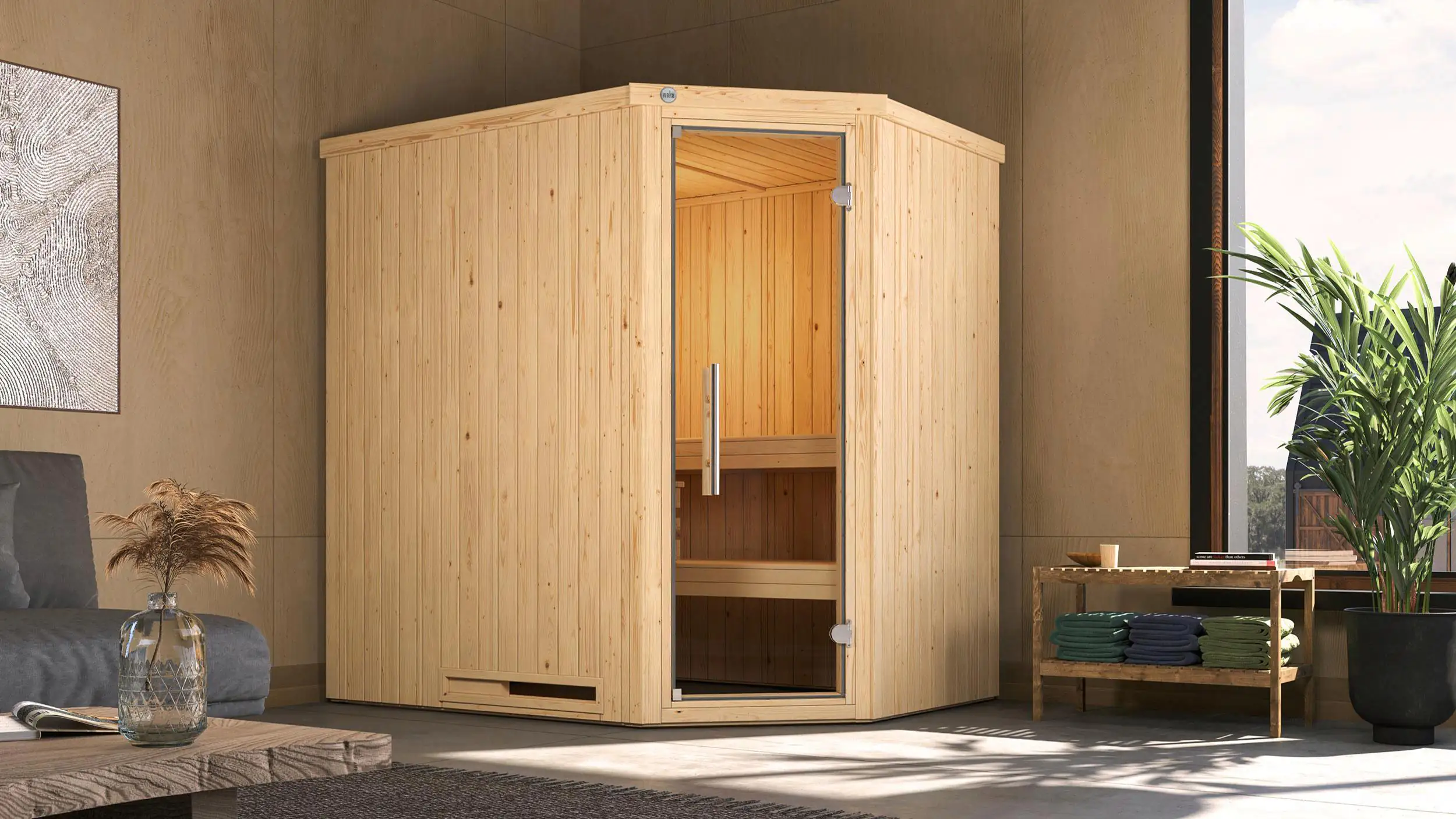 Weka Element-Ecksauna Varberg 1 mit Glastür