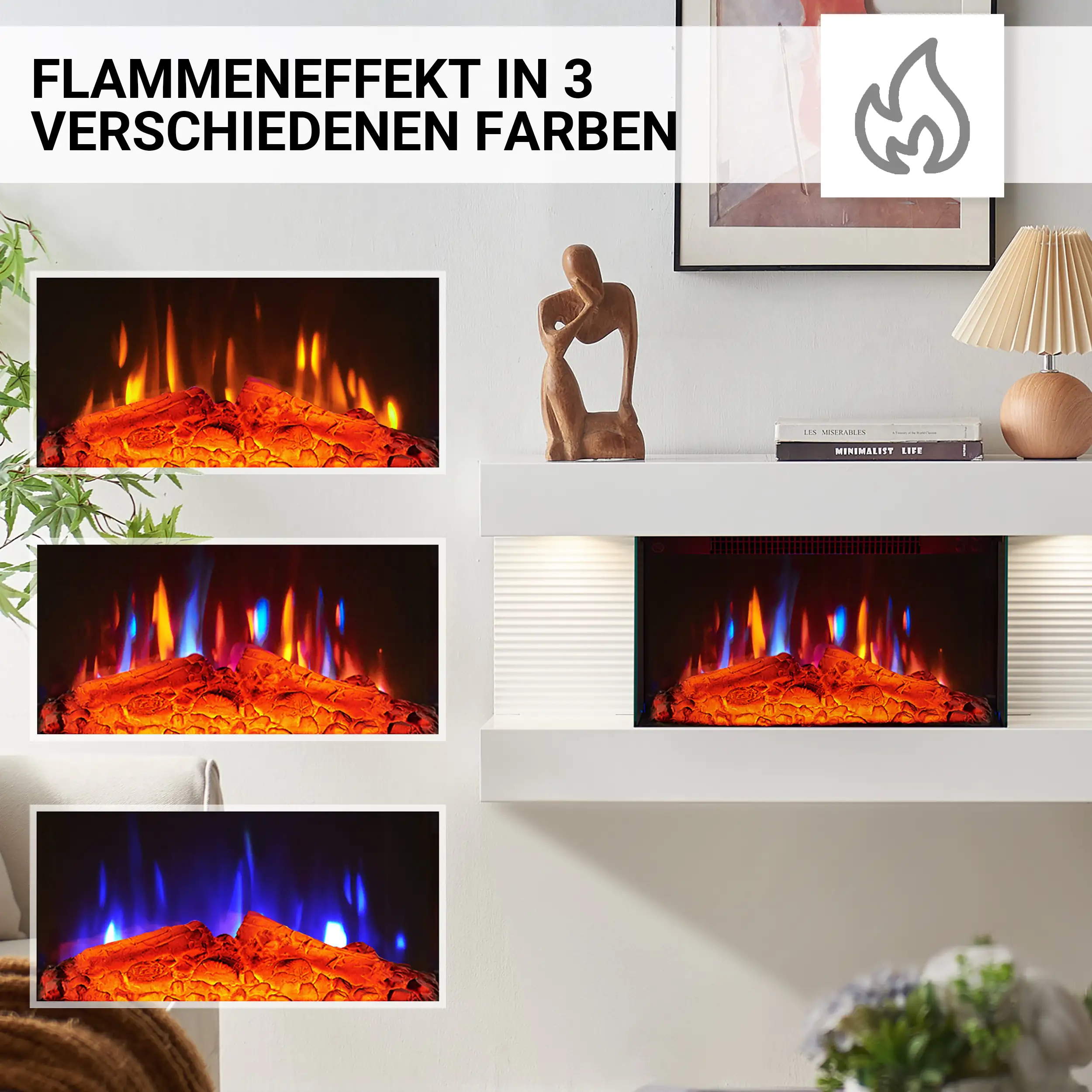 BALDERIA Elektrokamin weiß Ida 1000/1800 Watt 41,8 x 82 cm