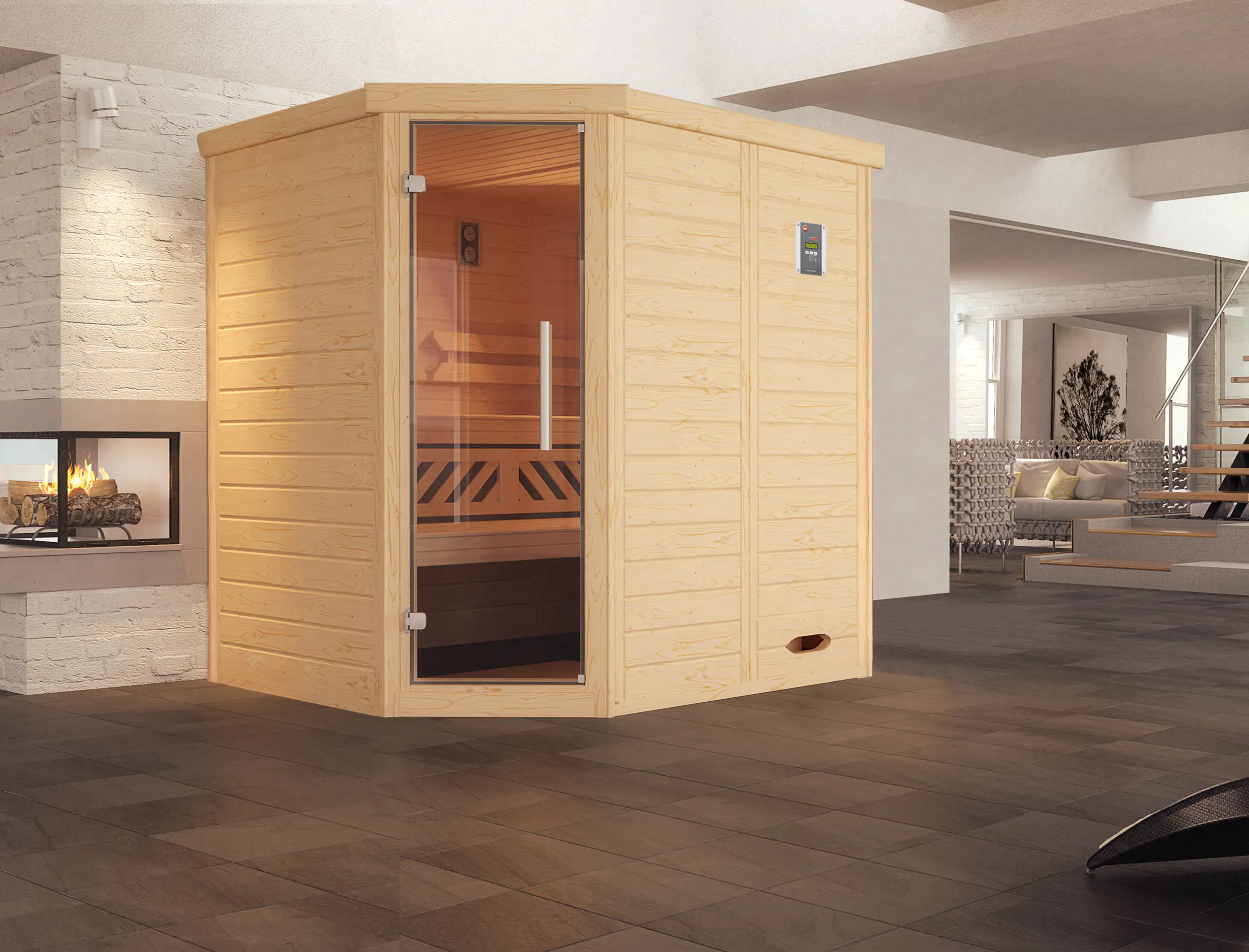 Weka Massivholz-Eck-Sauna Kemi Eck mit Glastür