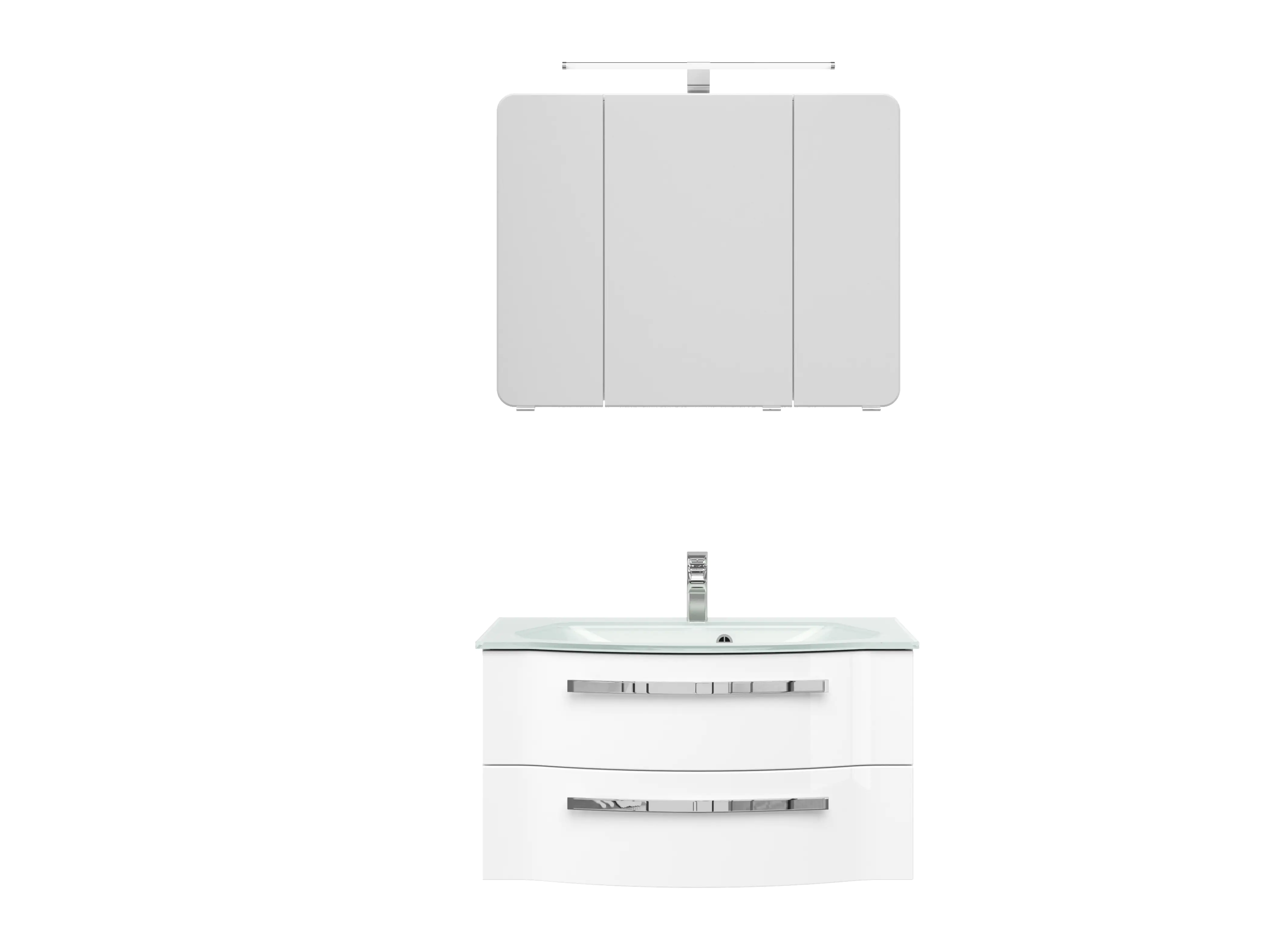 Pelipal Badmöbel-Set 4005 Lack polarweiß Hgl mit Glas-Waschtisch + LED-Leuchte 92 cm