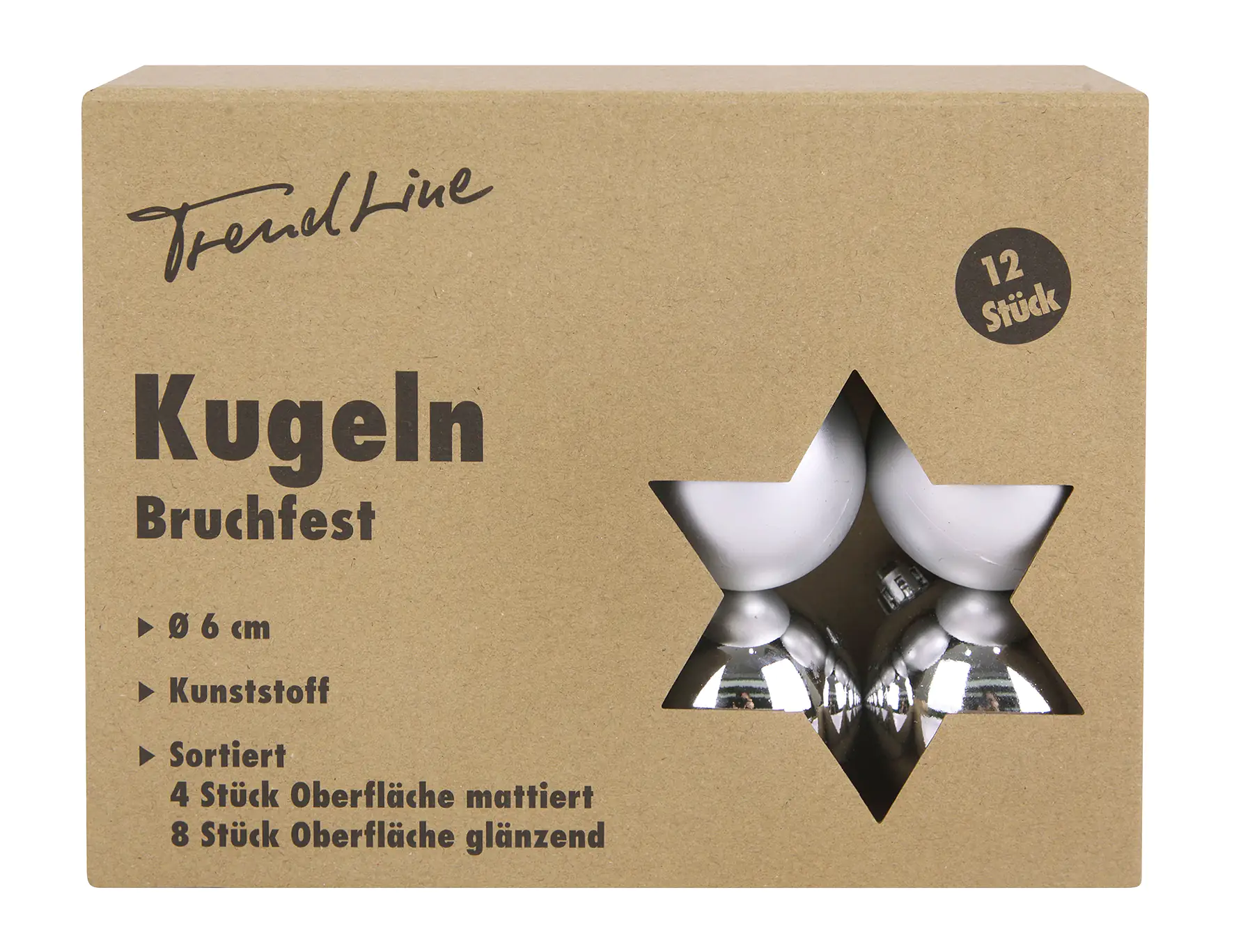 TrendLine Weihnachtskugeln bruchfest, langlebig Ø 6 cm silber 12 Stück 