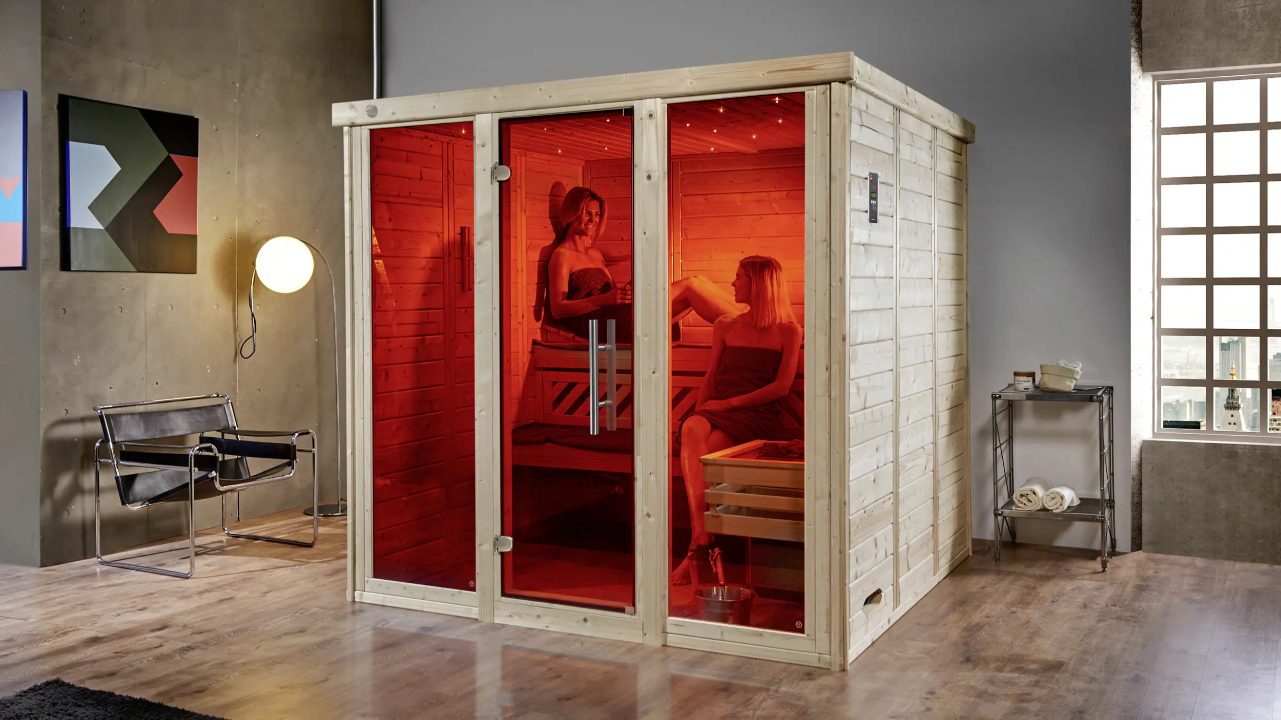 Weka Massivholz-Elementsauna Kemi Panorama 3, OS Ofen, 2 Fenstern und Saunaofen