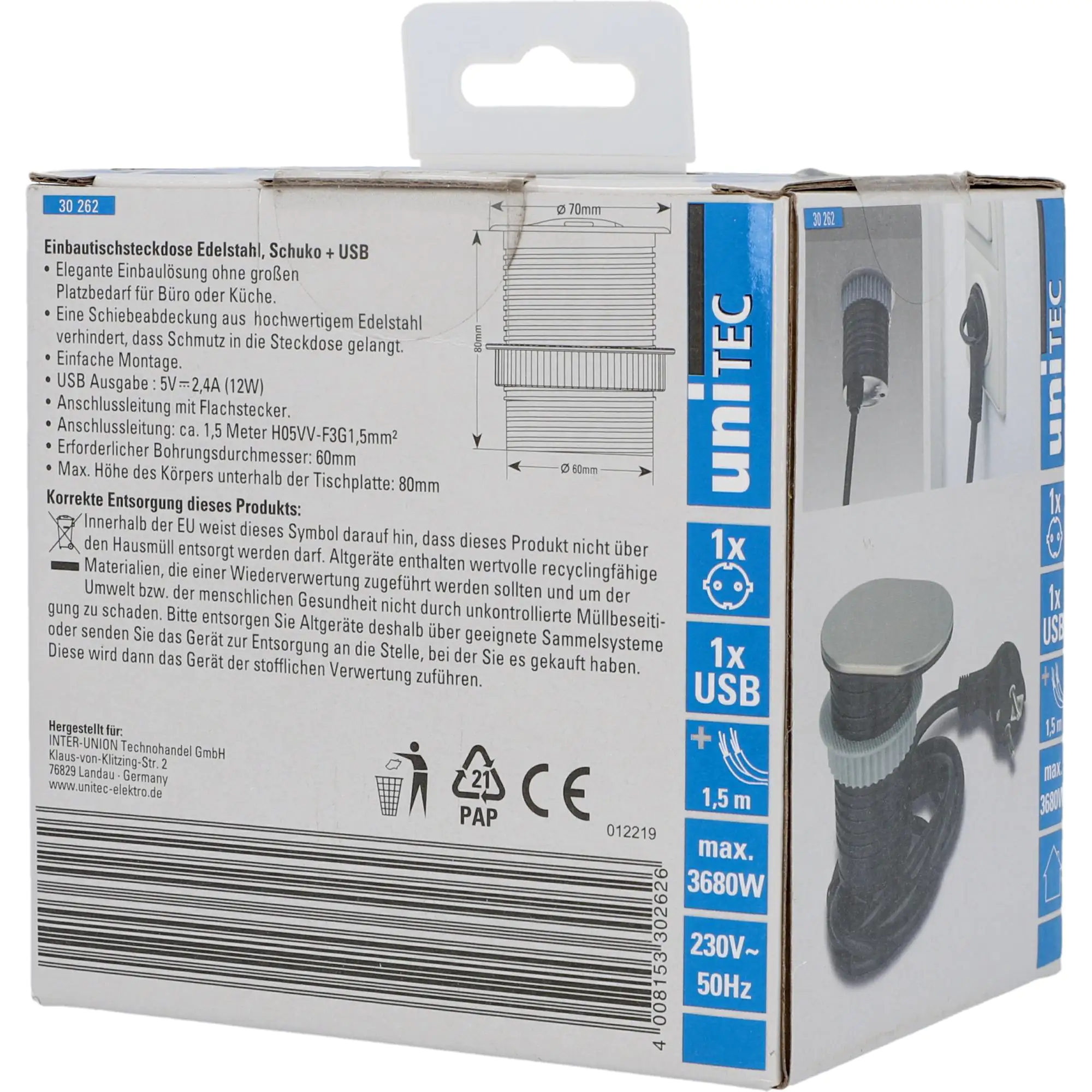 Unitec Einbausteckdosenleiste 1-Fach 1,5m mit USB, H05VV-F3 G1,5 mm, stahl