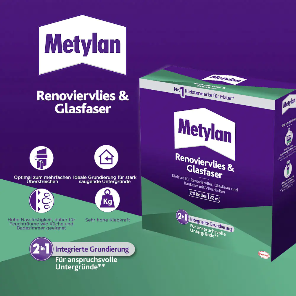 Metylan Renoviervlies & Glasfaser Tapetenkleister 500 g Paket, trocknet transparent