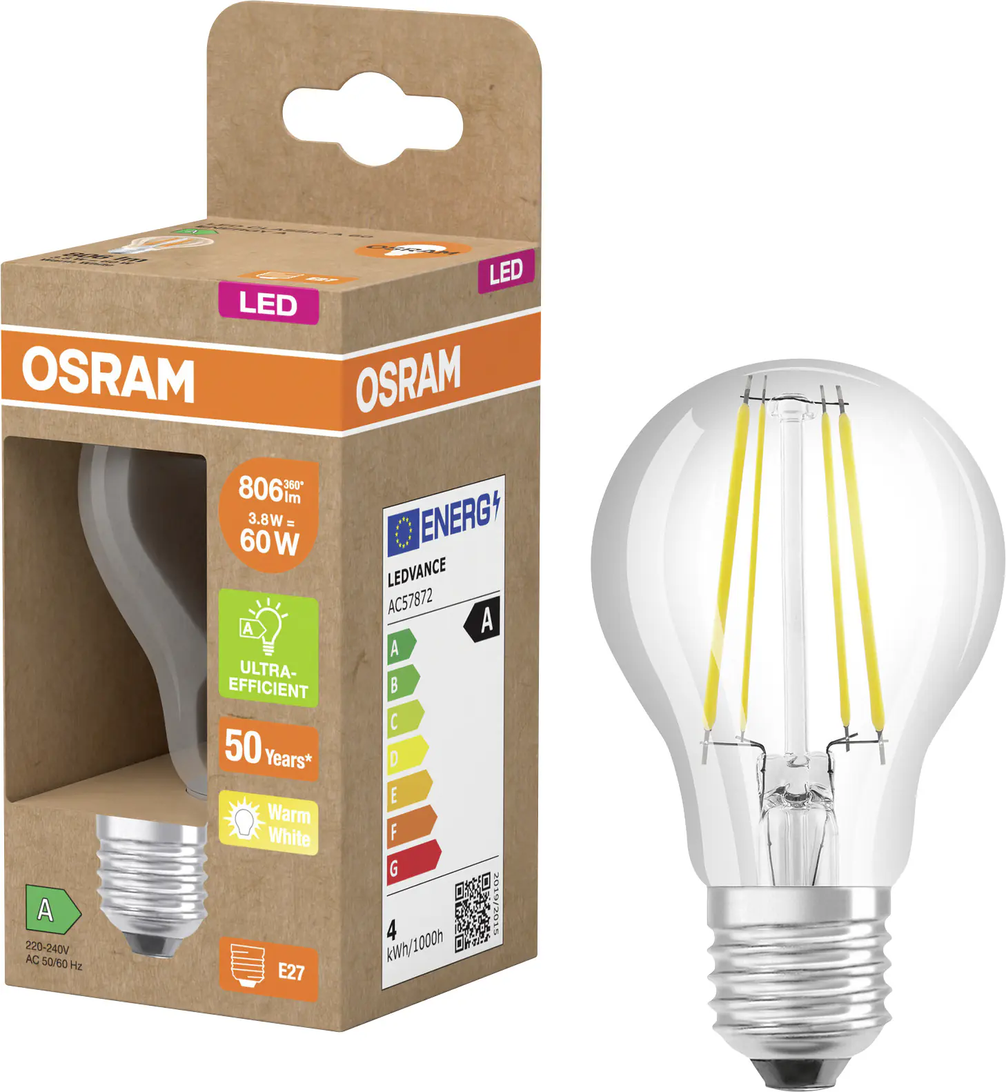 Osram LED Leuchtmittel Classic E27 3,8W klar warmweiß