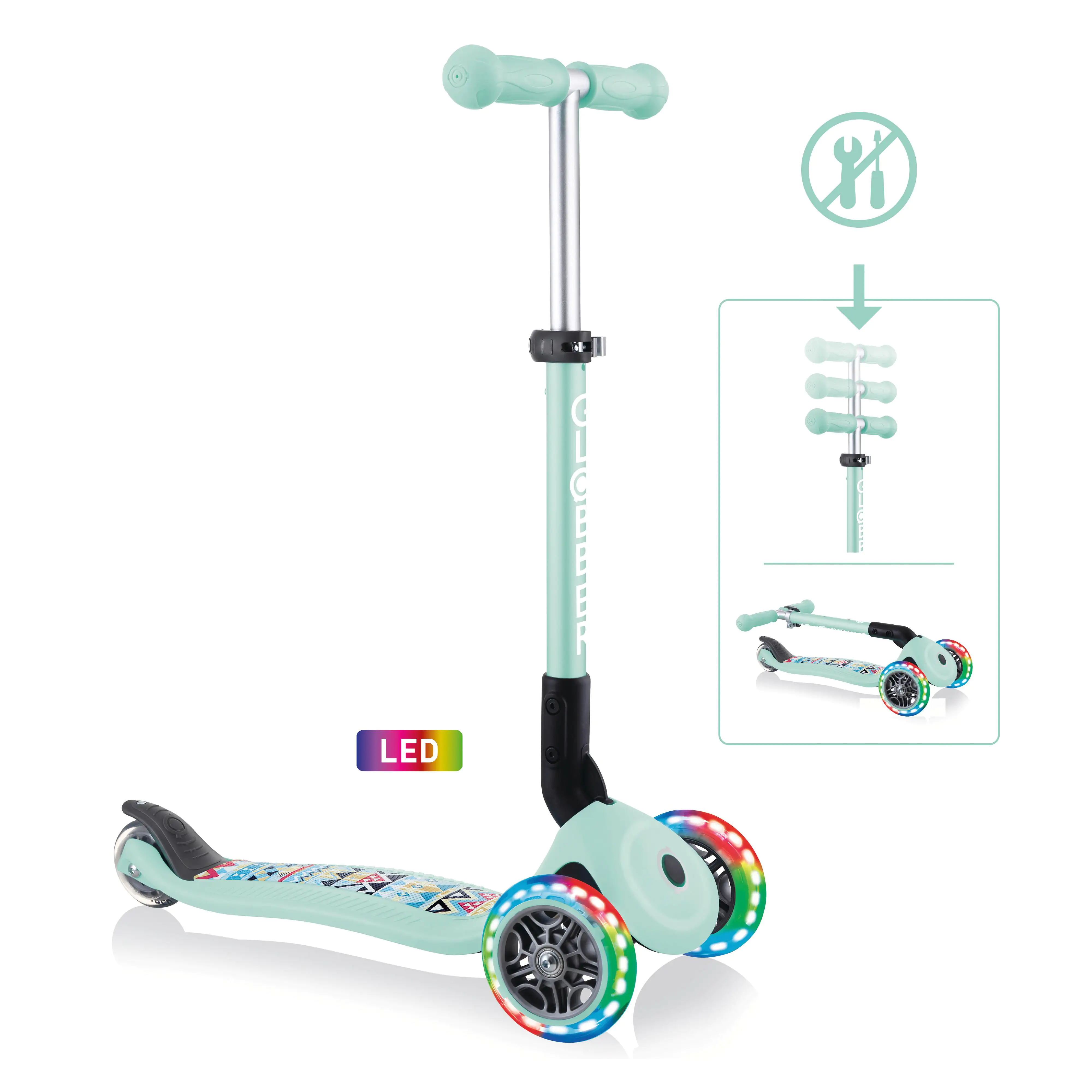 Globber Scooter Junior Foldable Lights mint-Tribal mit Leuchtrollen