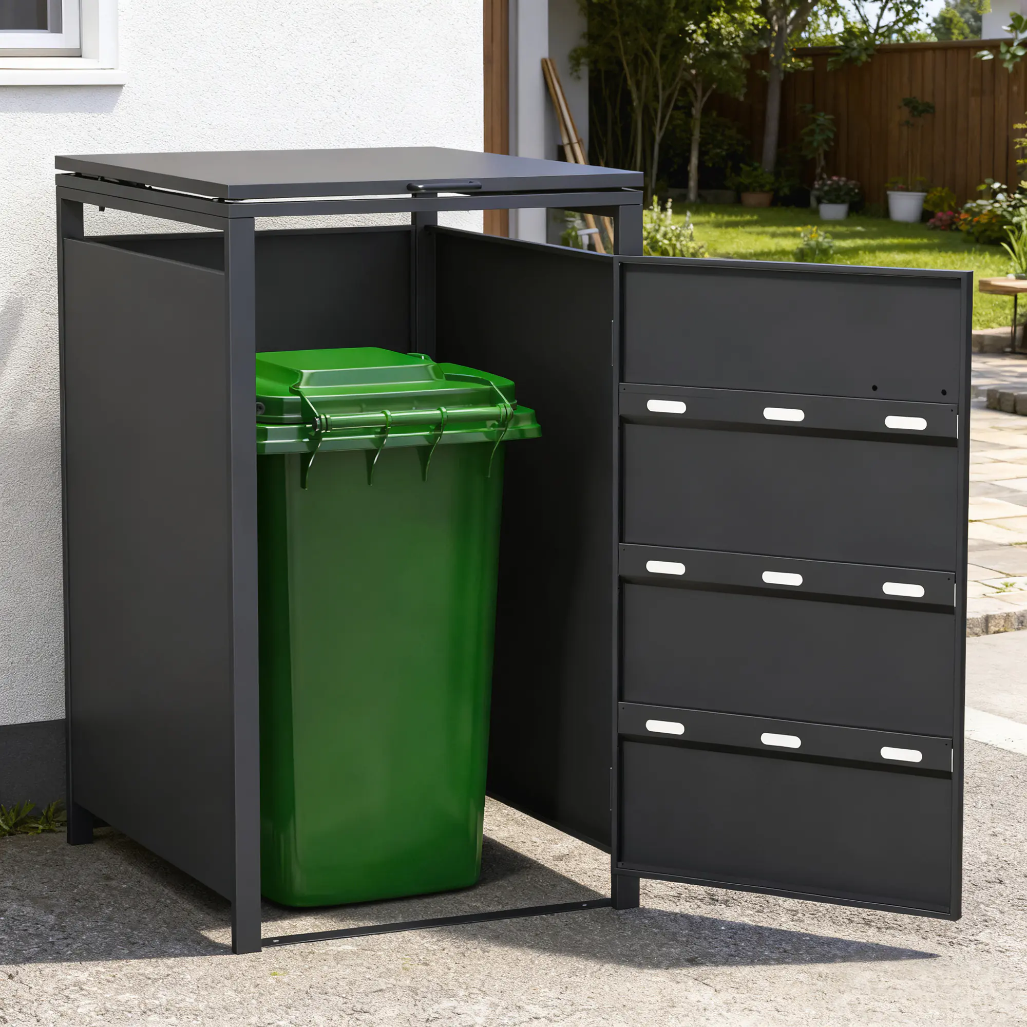 Floraworld Mülltonnenbox Premium Stahl für 1 x 240 l Mülltonnen schwarz-metallic