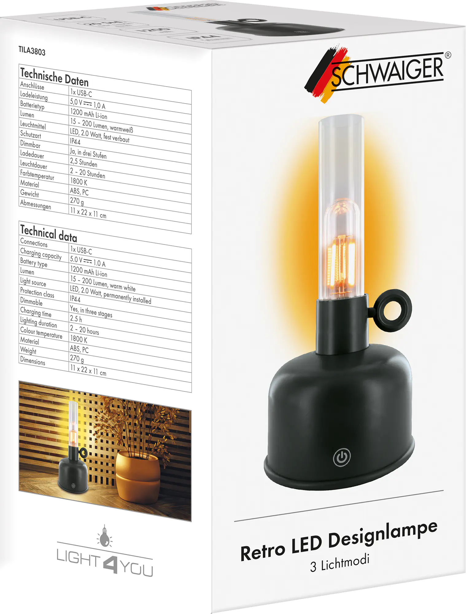 Schwaiger Akku LED Retro Tischlampe  TILA3803 schwarz