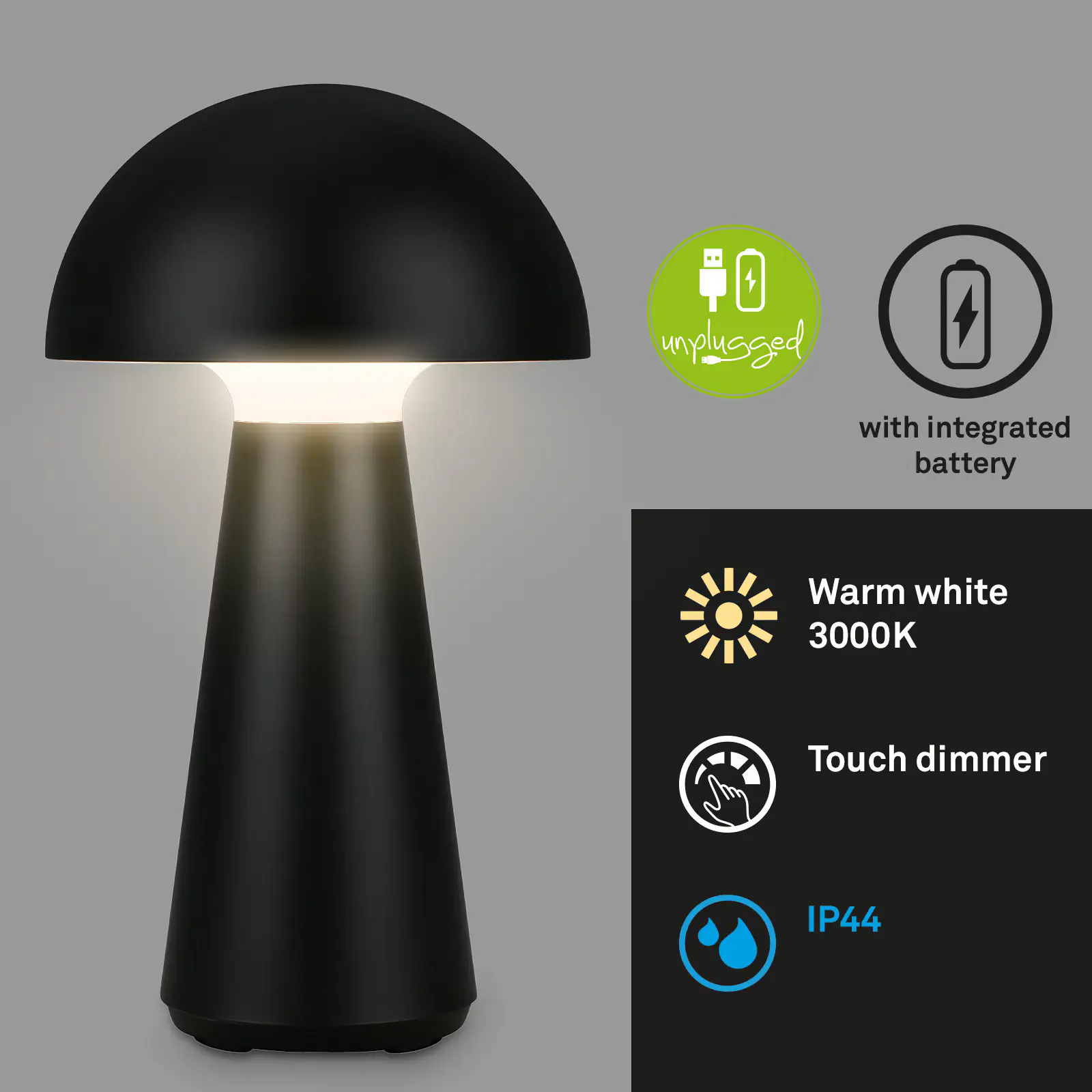 Briloner LED Akku-Tischleuchte Fungo schwarz 28 x 16 cm warmweiß