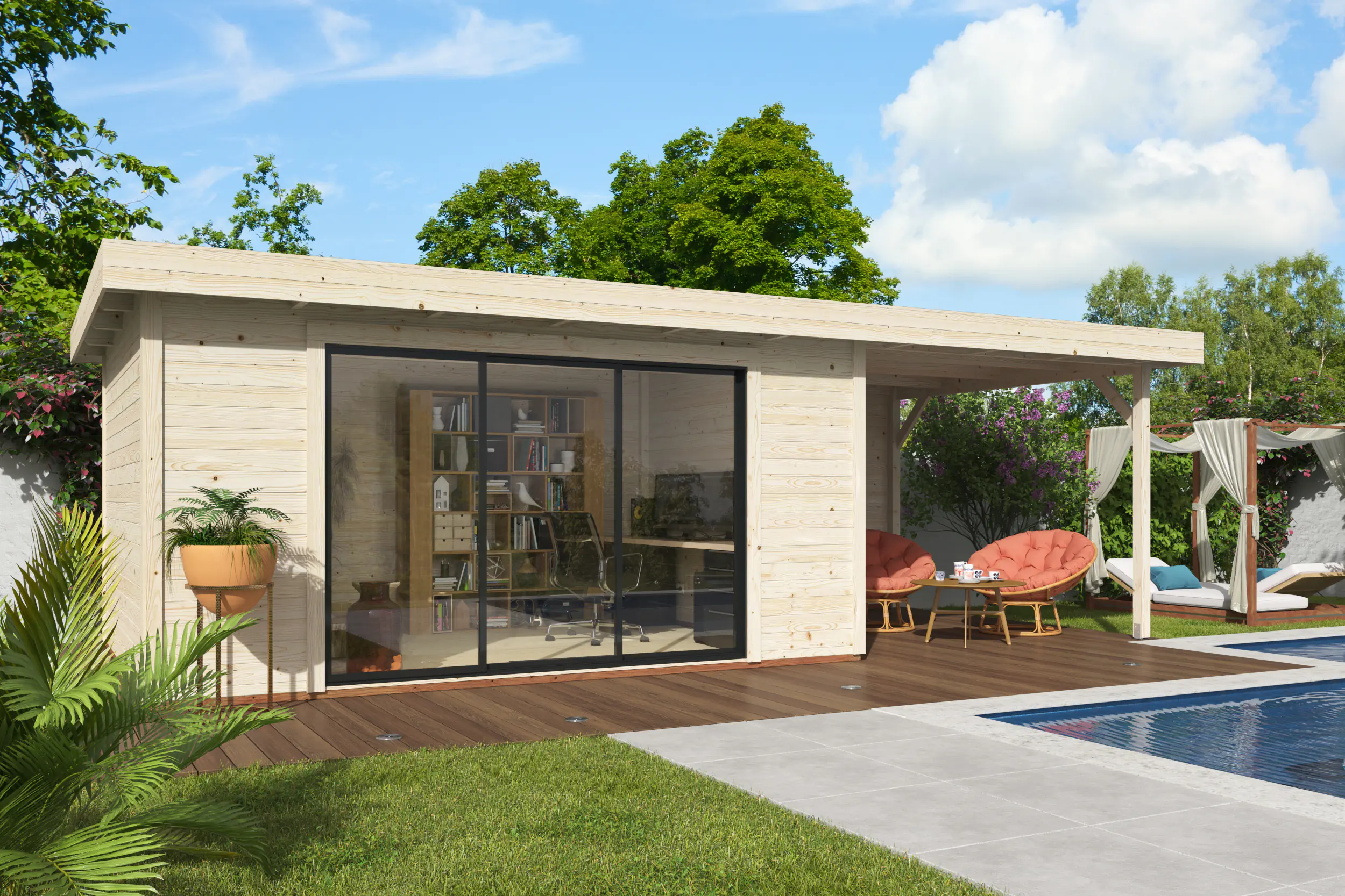 Palmako Gartenhaus Lydia 728 x 330 cm mit Schiebetüren naturbelassen