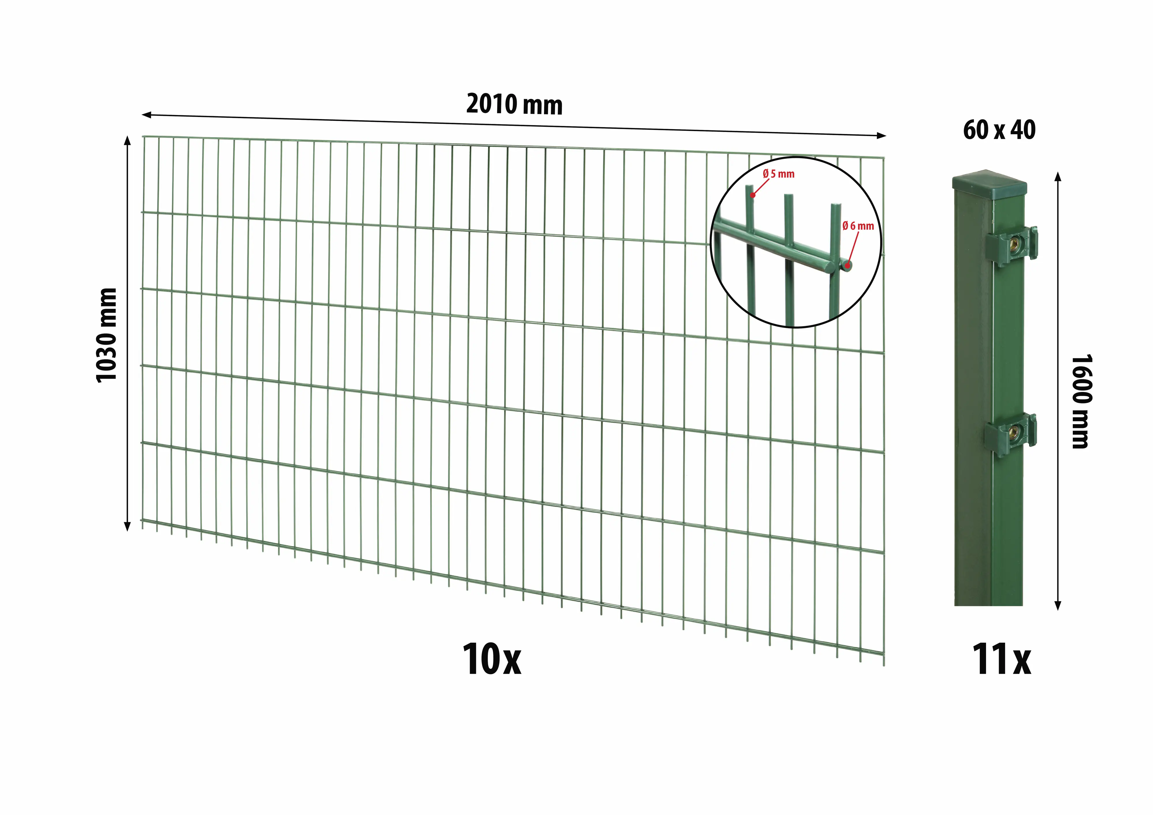 Floraworld Doppelstabmatten-Zaun Set Comfort 20 m 201 x 103 cm inkl. 11 Pfosten 160 cm moosgrün