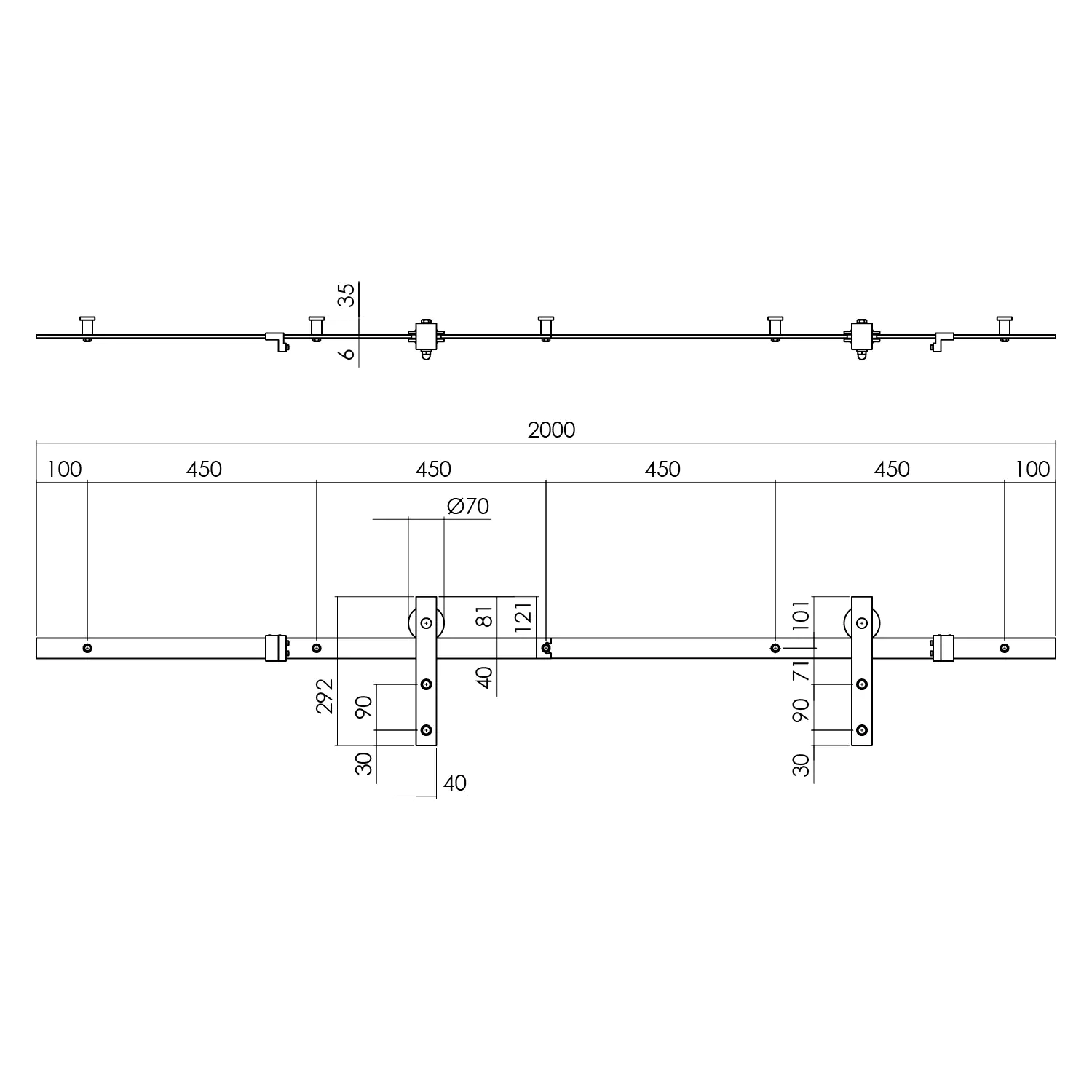 Schiebetürsystem 200 cm Basic, Edelstahl gebürstet