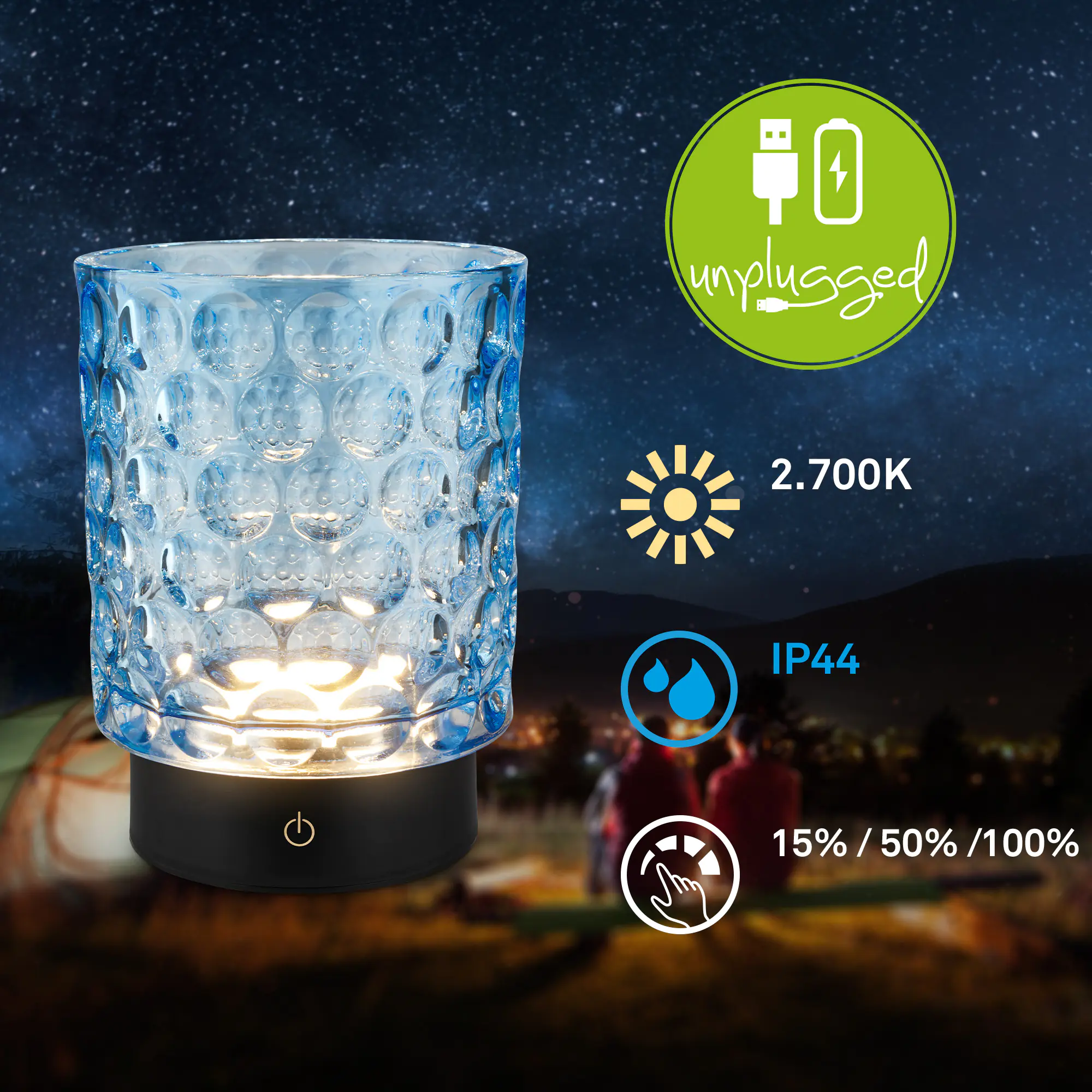 Briloner LED Akku-Tischleuchte Sunora blau 15 cm warmweiß dimmbar