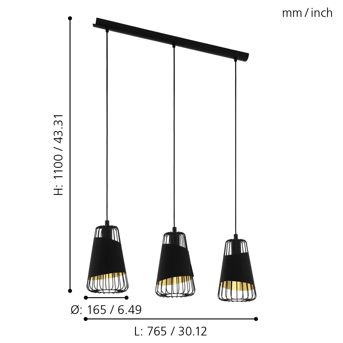 Eglo 3er Pendelleuchte Austell schwarz-gold 76,5 x 16,5 cm E27, max. 60 W