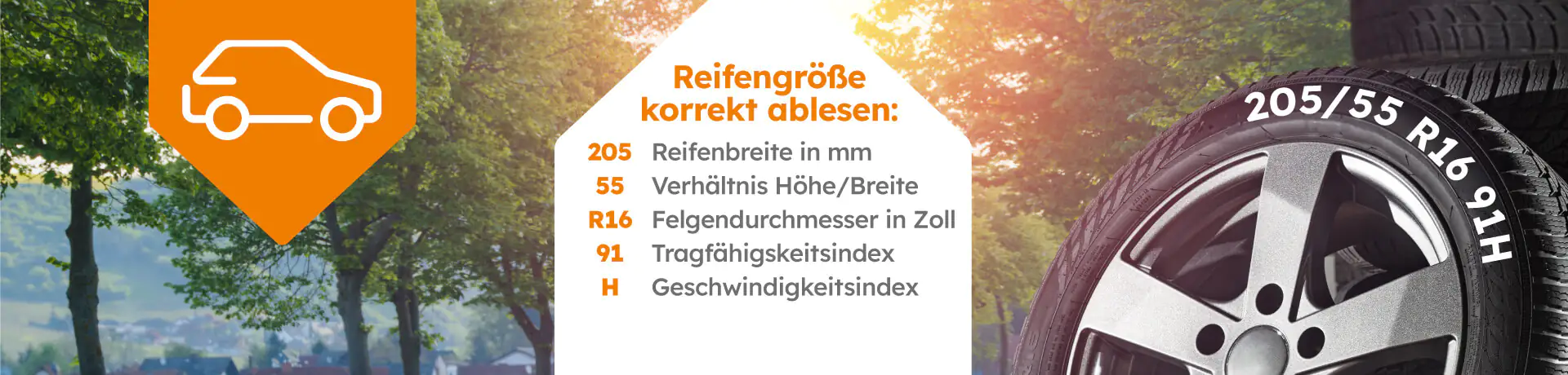 Reifengröße korrekt ablesen: 205/55 R16 91H. 205 = Reifenbreite in mm. 55 = Verhältnis Höhe/Breite. R16 = Felgendurchmesser in Zoll. 91 = Tragfähigkeitsindex. H = Geschwindigkeitsindex.