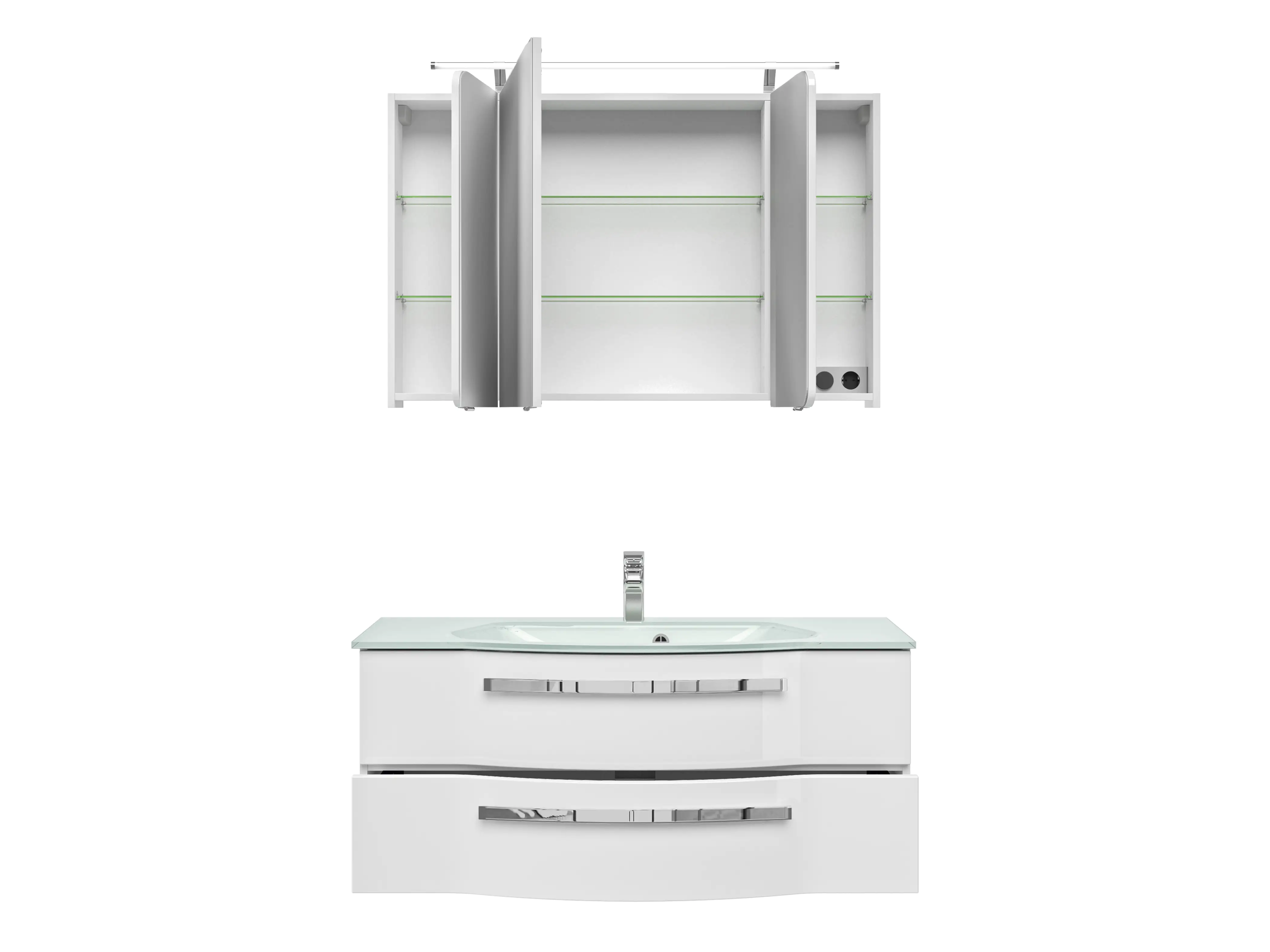 Pelipal Badmöbel-Set 4005 Lack polarweiß Hgl mit Glas-Waschtisch + LED-Leuchte 120 cm