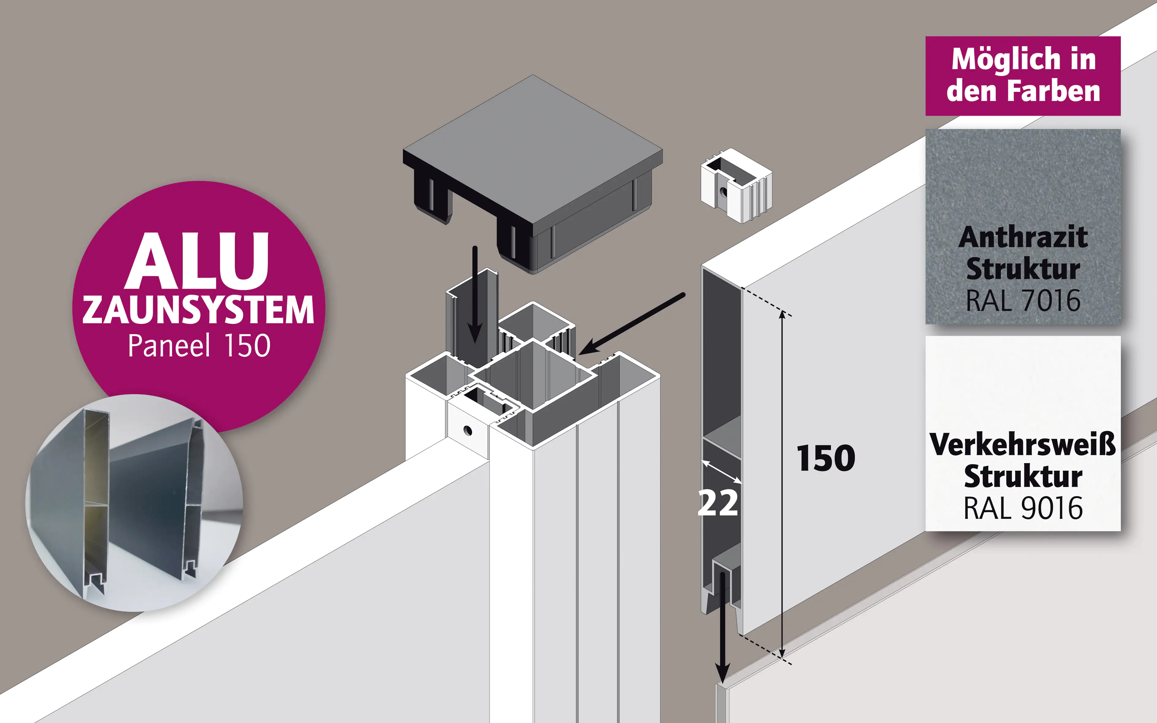 Ambiente Alu-Zaun Paneel 150 + ESG 8 mm 180 cm x 180 cm 22 mm stark
