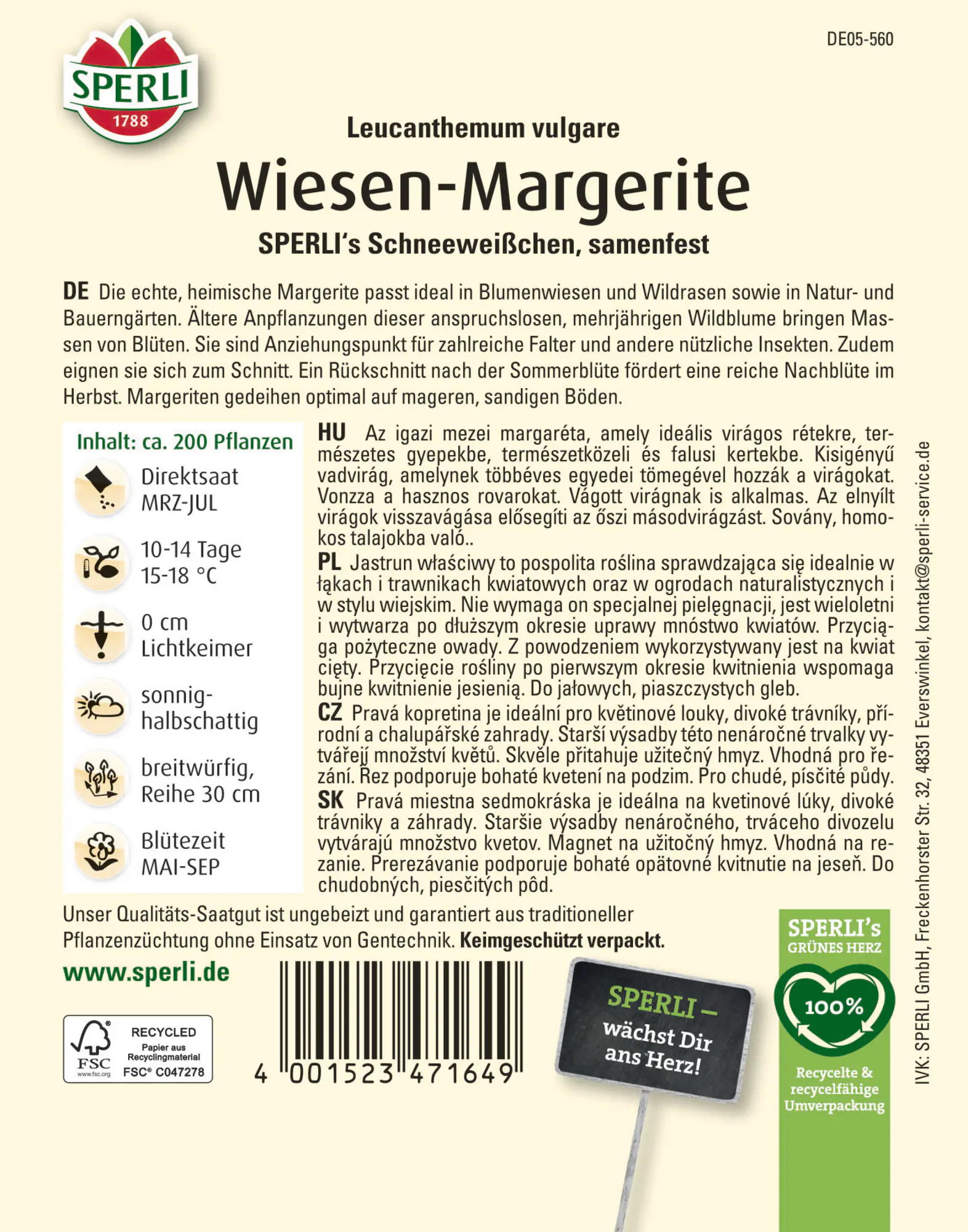 Sperli Blumensamen Wiesen-Margerite Schneeweißchen für ca. 200 Pflanzen