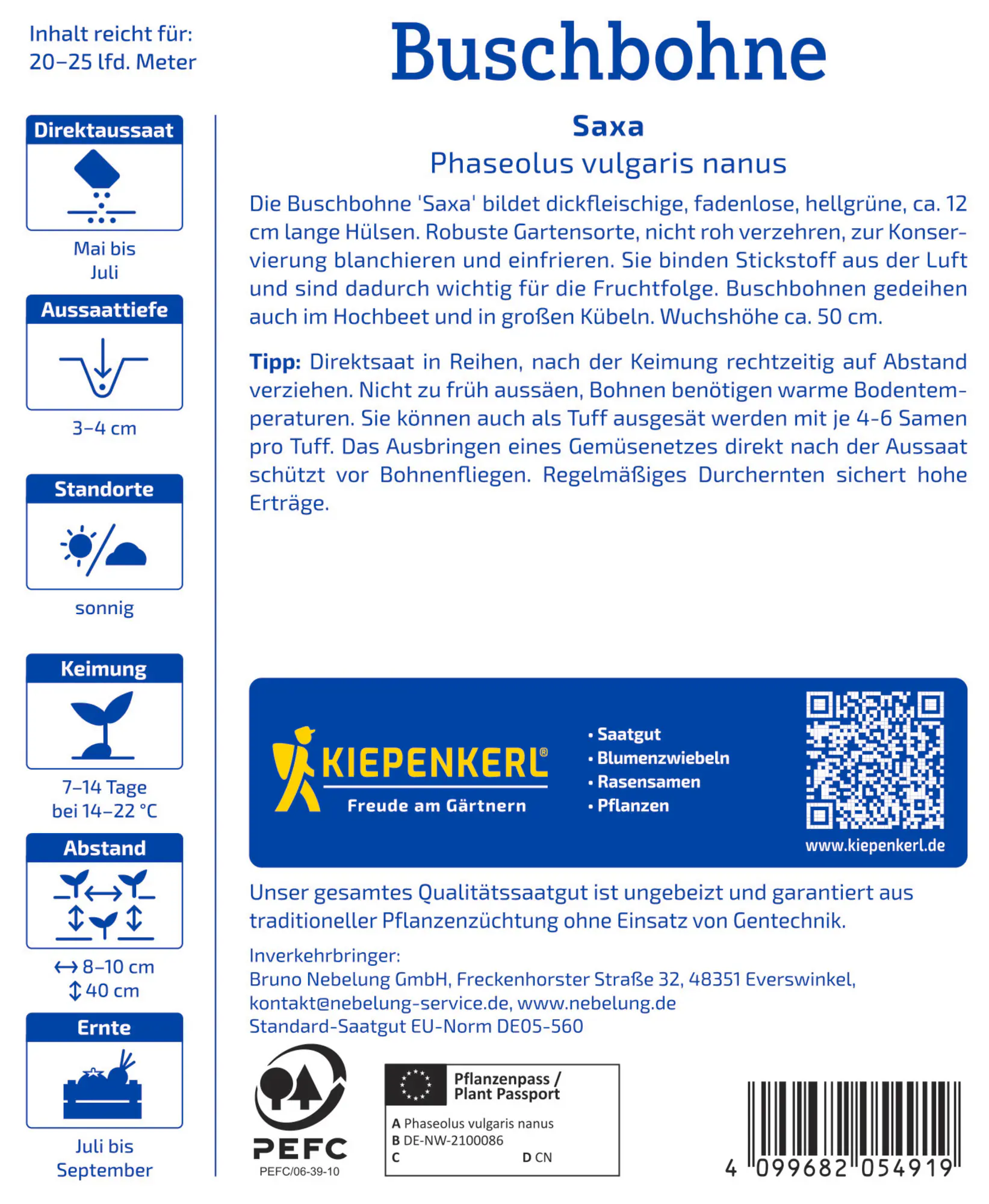 Kiepenkerl Saatgut Buschbohnen Saxa Vorteilspackung für ca. 8 – 12,5 m²