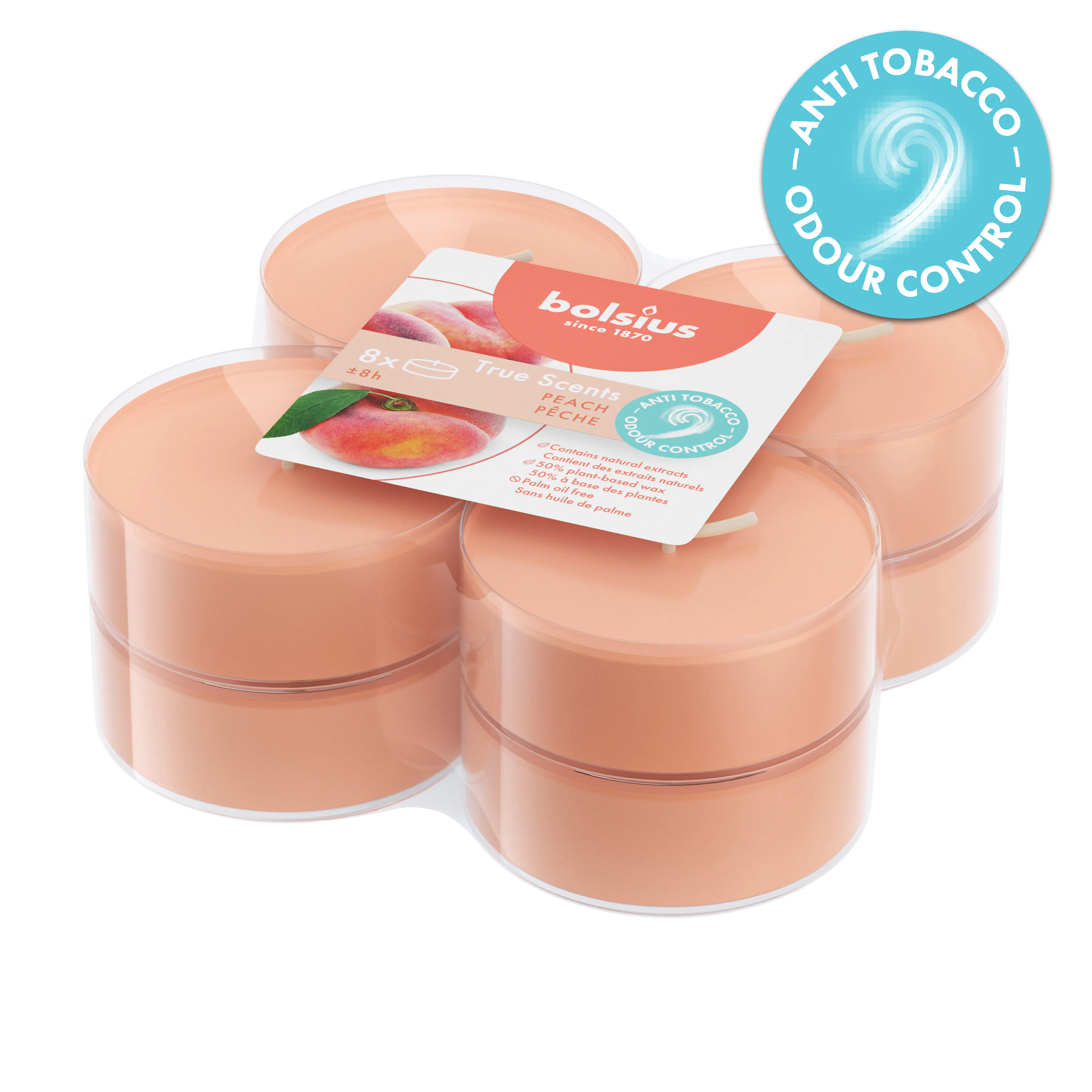 Bolsius Maxi-Teelichter orange 8h True Scents Pfirsich 8er Pack