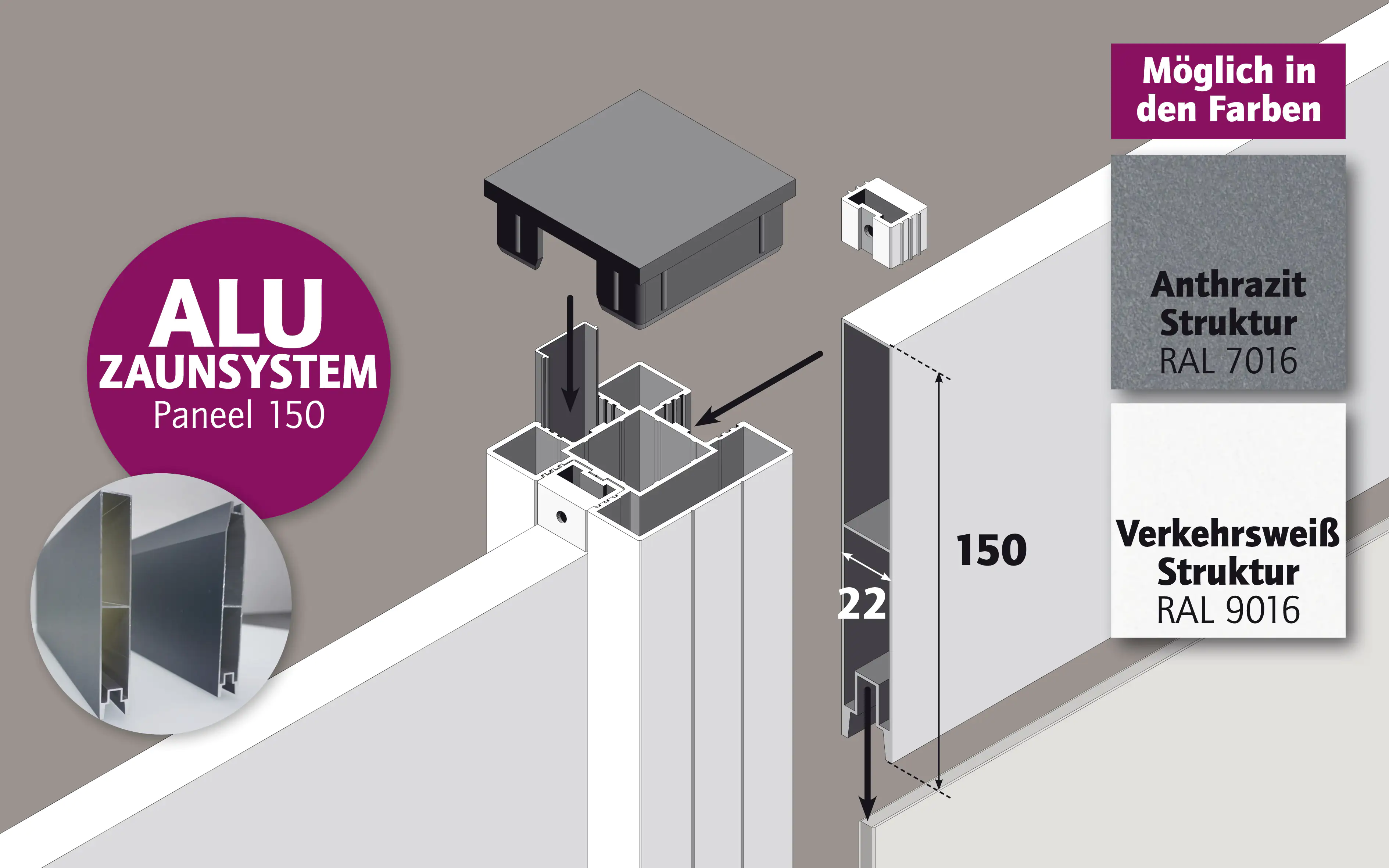 Ambiente Alu-Zaun Paneel 150 + ESG 8 mm 120 cm x 180 cm 22 mm stark