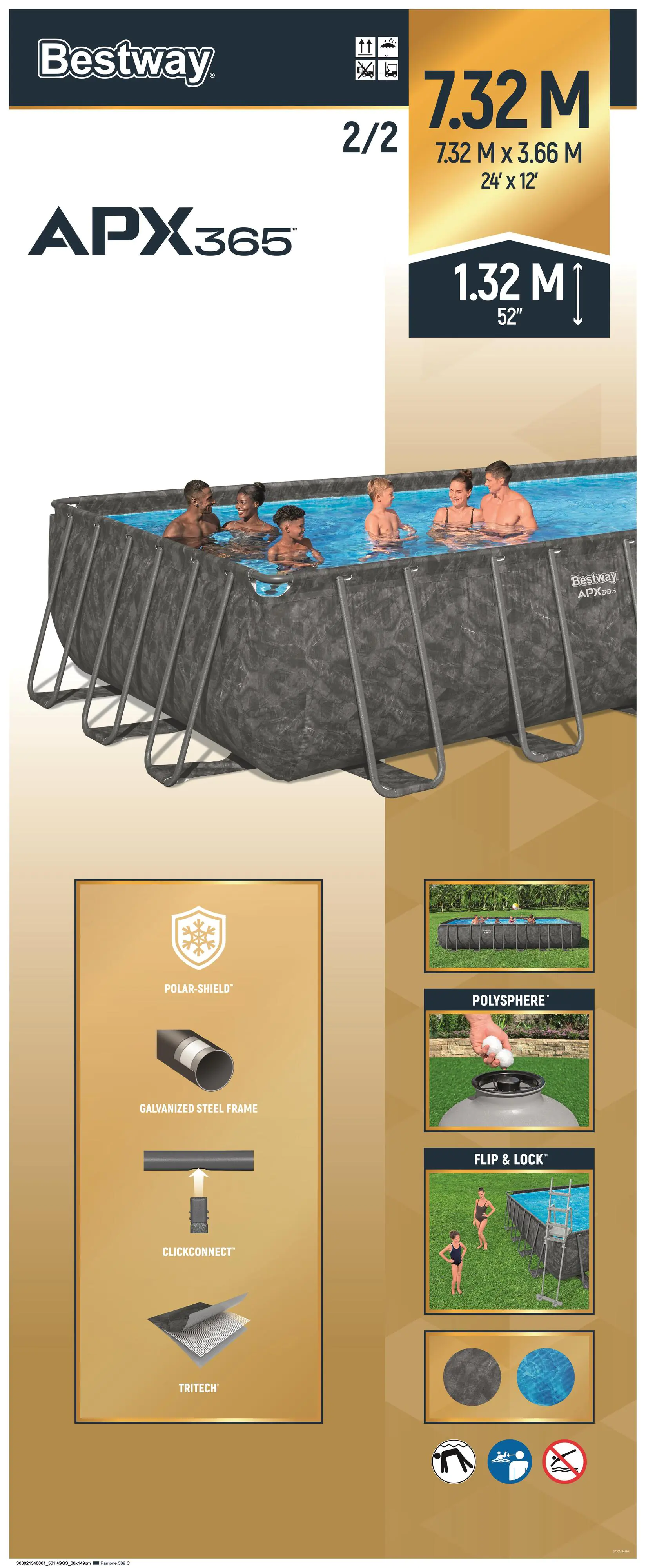Bestway Winterfestes Frame Pool APX365 Komplett-Set mit Sandfilteranlage 732 x 366 x 132 cm marmor-optik eckig