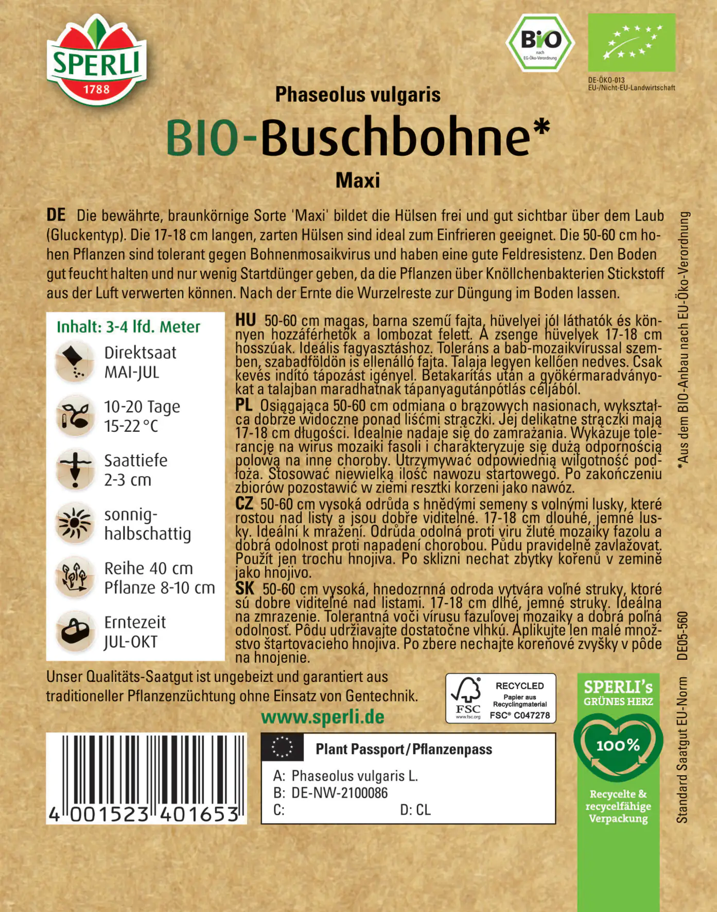 Sperli BIO Buschbohne lang