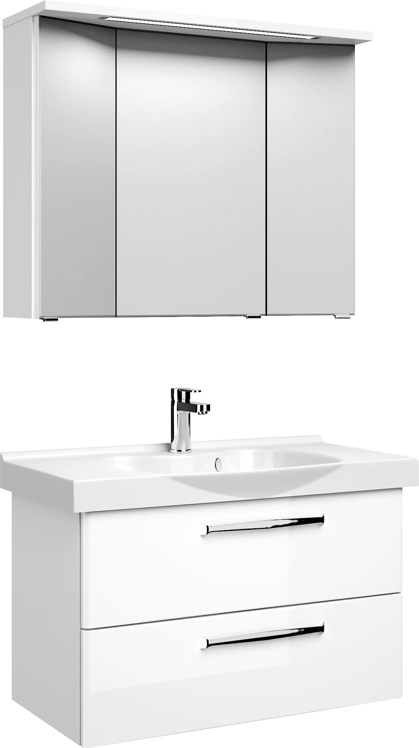 Pelipal Badmöbel-Set Trentino Weiß Hgl/Weiß Glanz mit Keramik-Waschtisch + 3D-Spiegelschrank 92 cm