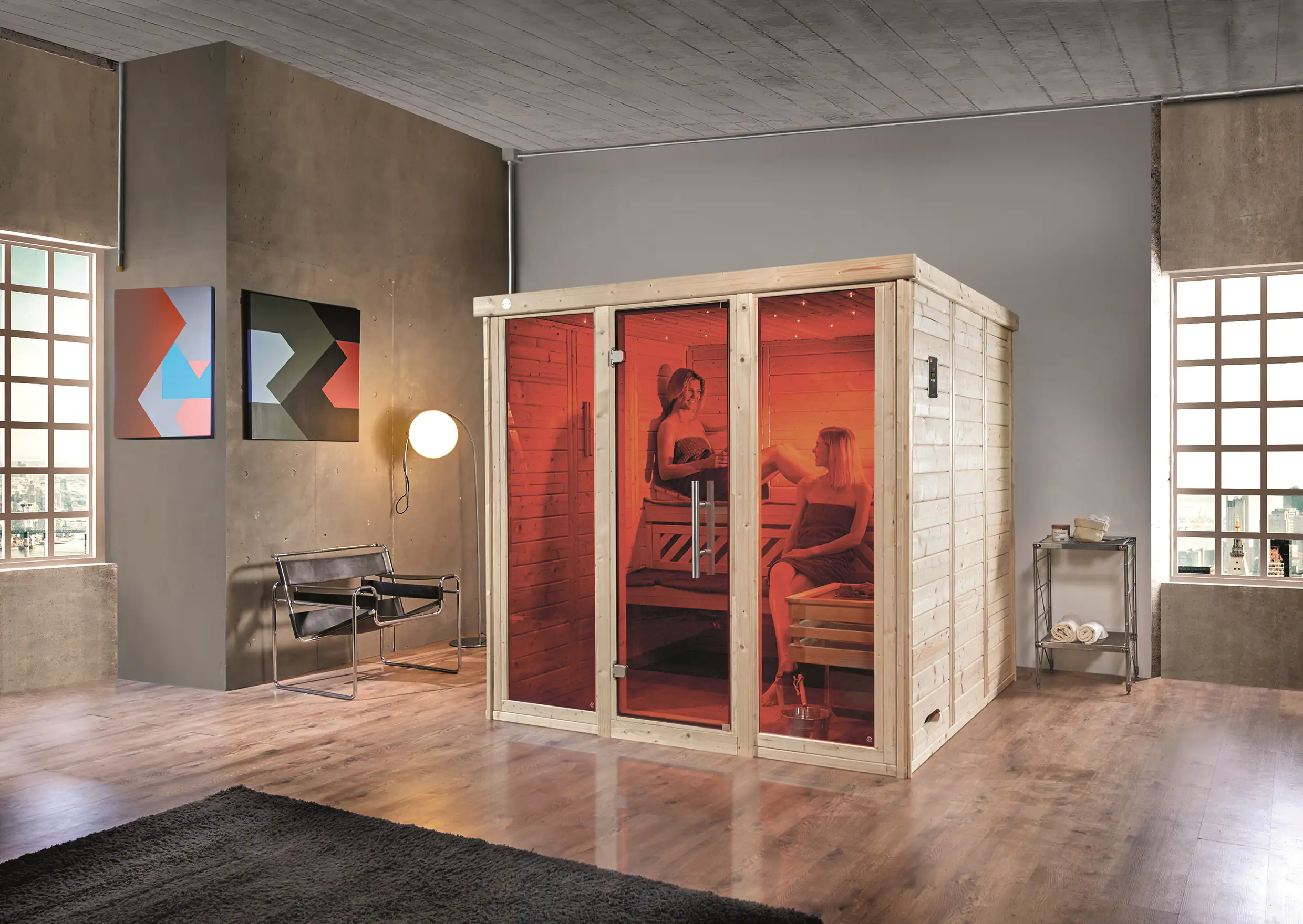 Weka Massivholz-Elementsauna Kemi Panorama 3, OS Ofen, 2 Fenstern und Saunaofen