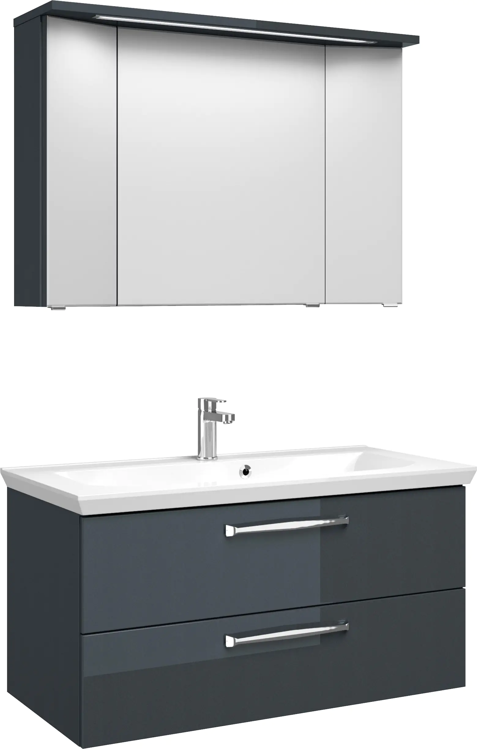 Pelipal Badmöbel-Set Trentino Anthrazit Hgl mit Mineralmarmor-Waschtisch + 3D-Spiegelschrank 110 cm