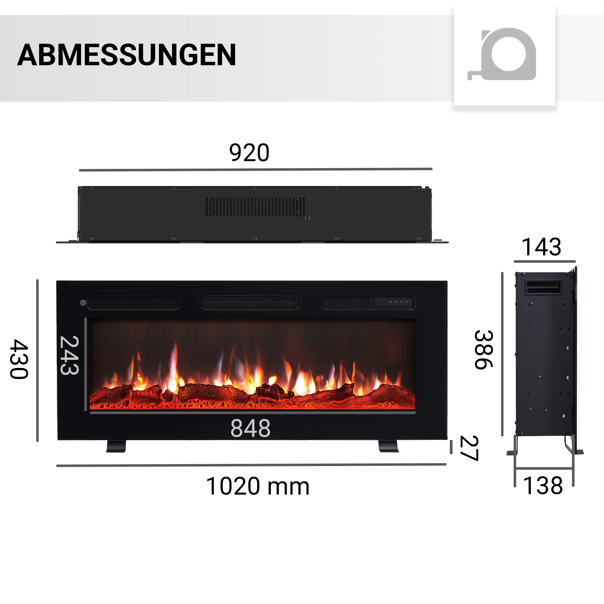 BALDERIA Elektrokamin schwarz Leif 40 1000/1800 Watt 43 x 102 cm