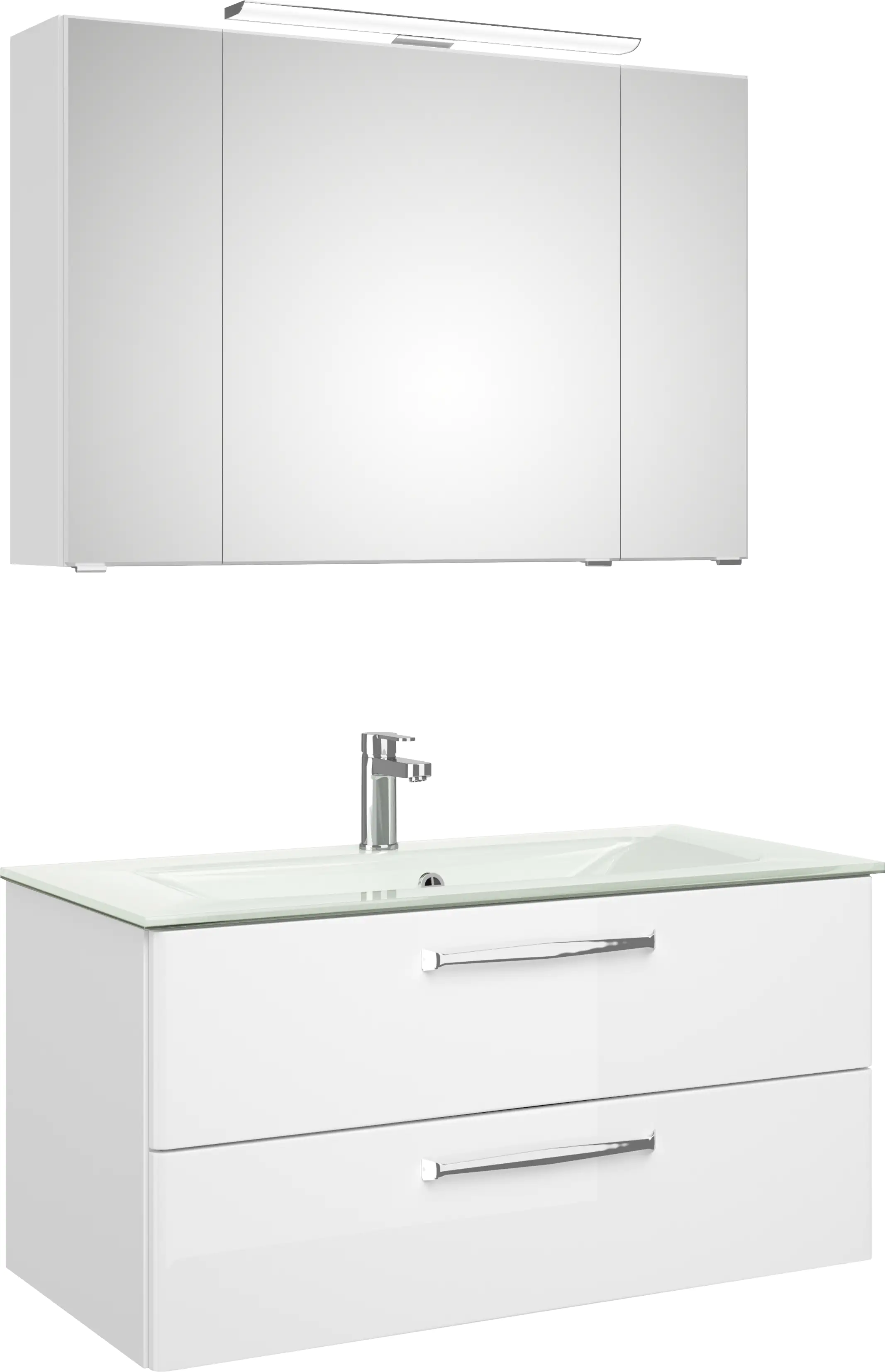 Pelipal Badmöbel-Set Trentino Weiß Hgl/Weiß Glanz mit Glas-Waschtisch + LED-Aufsatzleuchte 107 cm