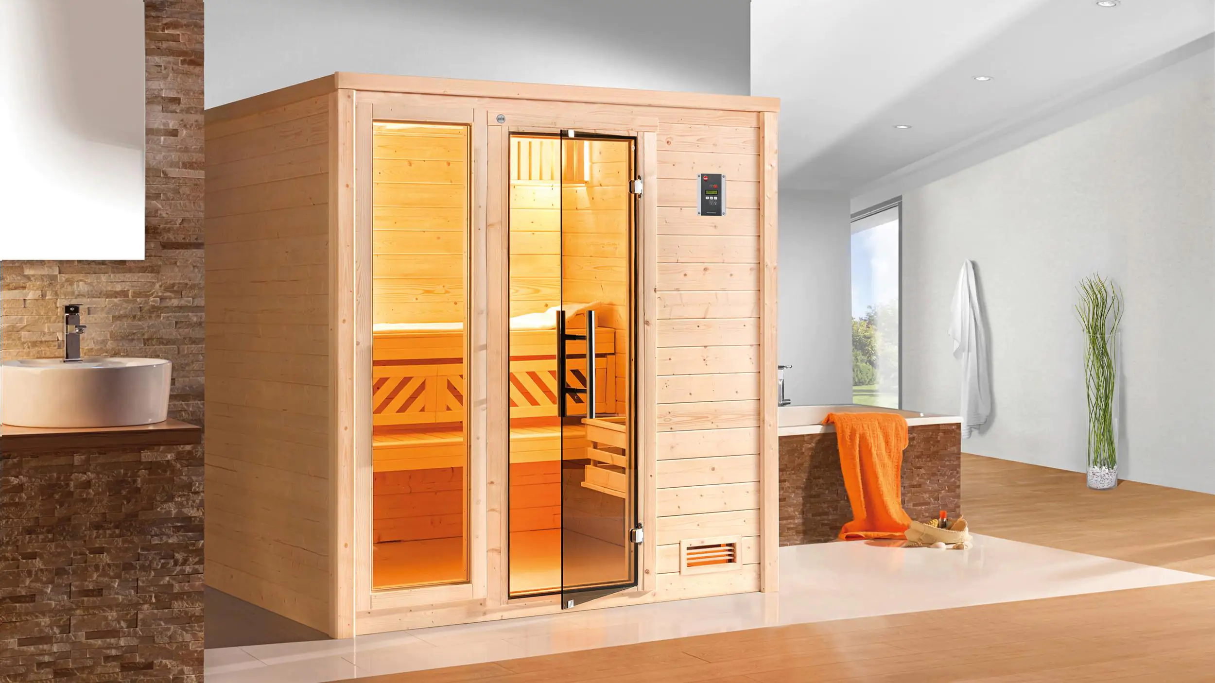 Weka Massivholzsauna Bergen 2 mit Glastür und Fenster