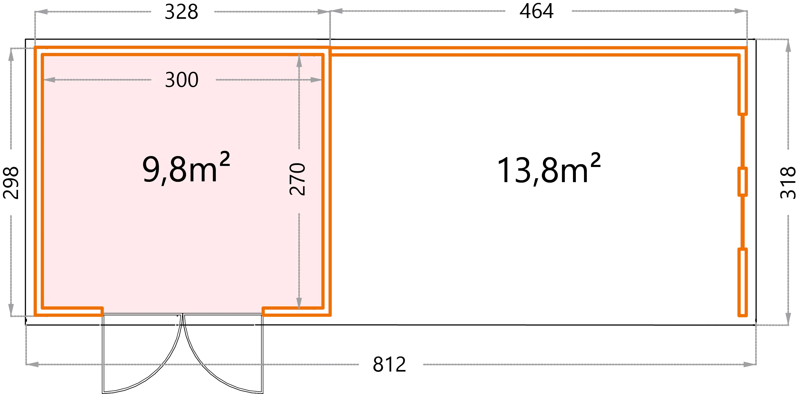 Telluria Gerätehaus Classico Lounge XL mit Fenstern 3330 rechts hellgrau 792 x 298 cm