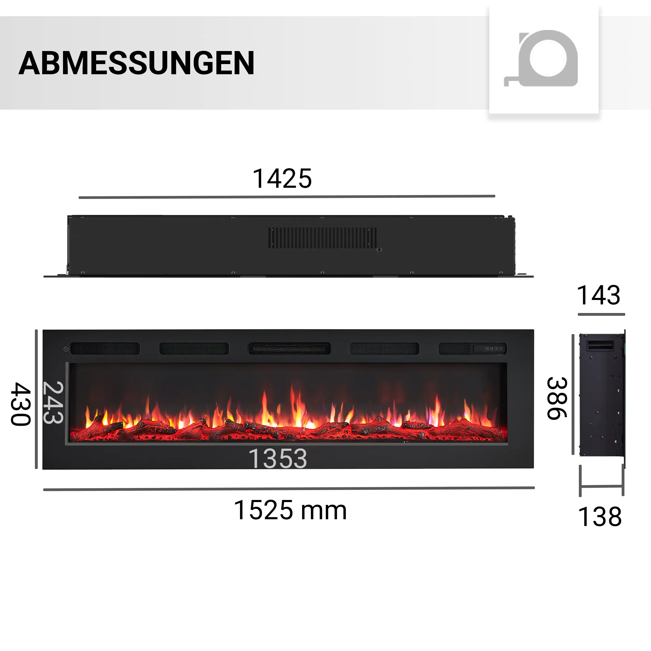 BALDERIA Elektrokamin schwarz Leif 60 1000/1800 Watt 43 x 152,5 cm